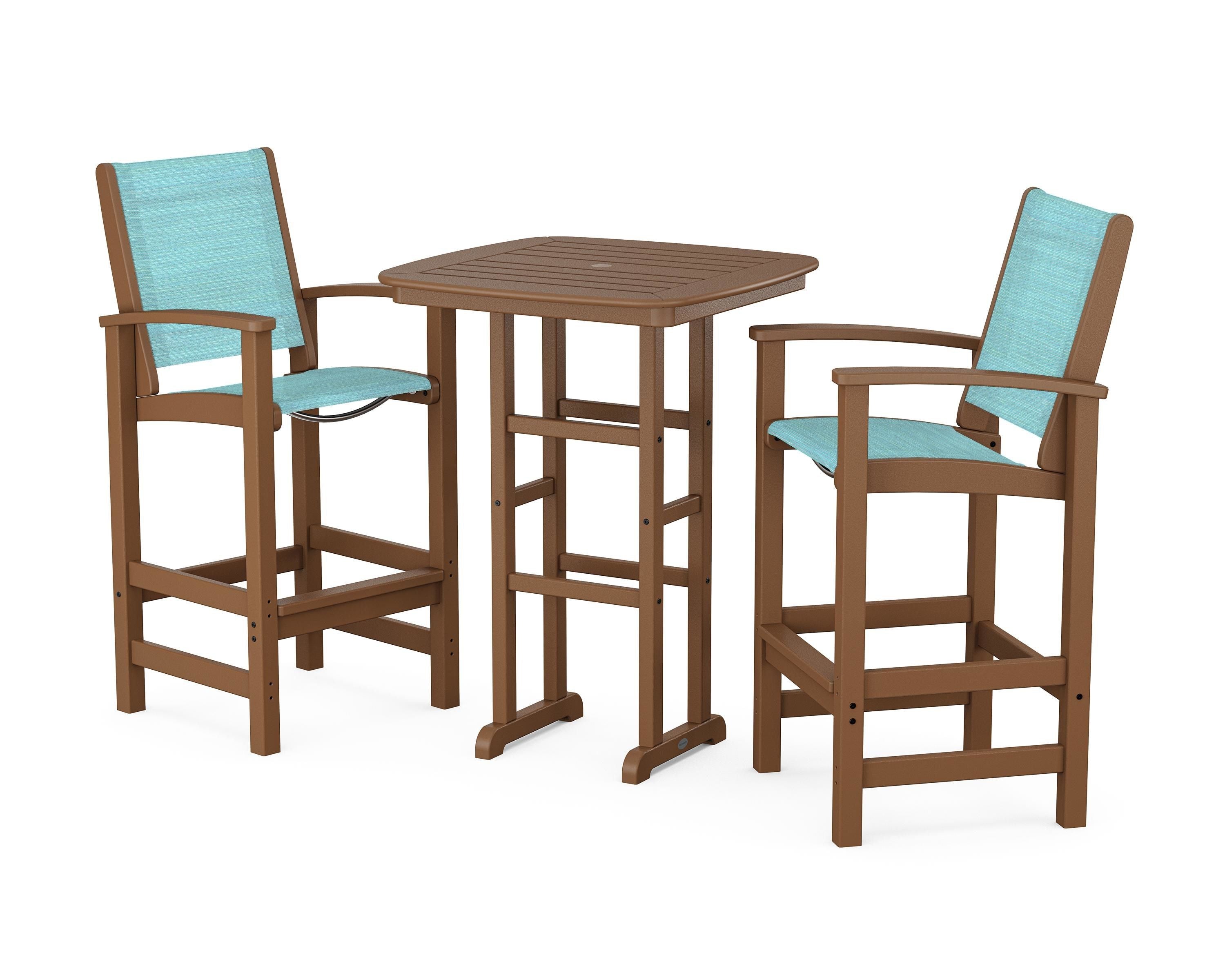 POLYWOOD Coastal 3-Piece Bar Set in Teak / Dupioni Aquamarine Sling