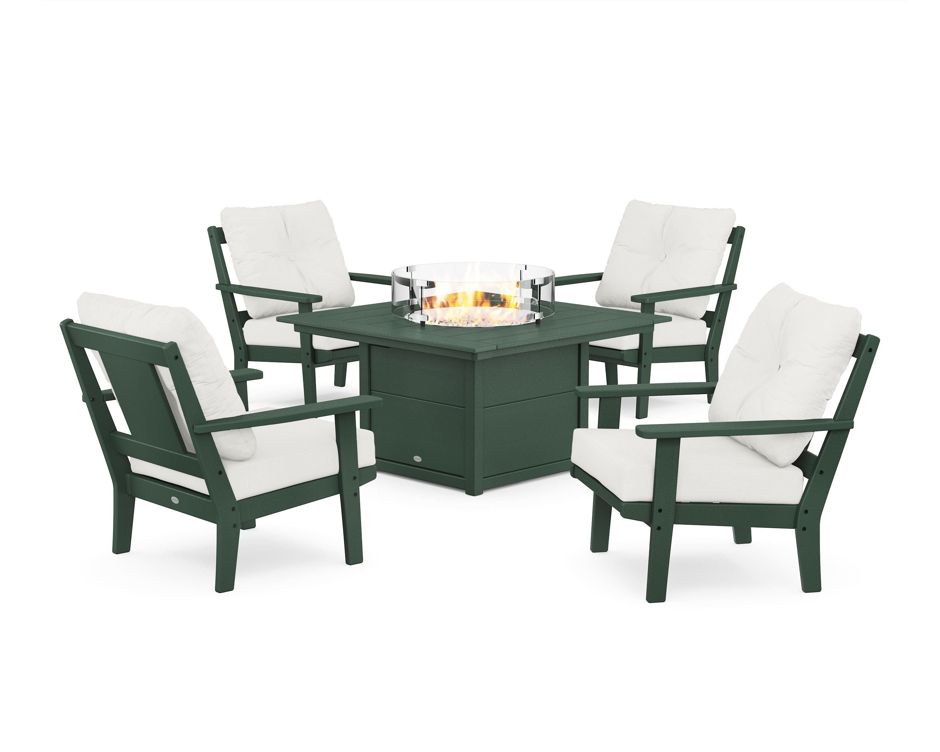 POLYWOOD Prairie 5-Piece Deep Seating Set with Fire Pit Table in Green / Natural Linen