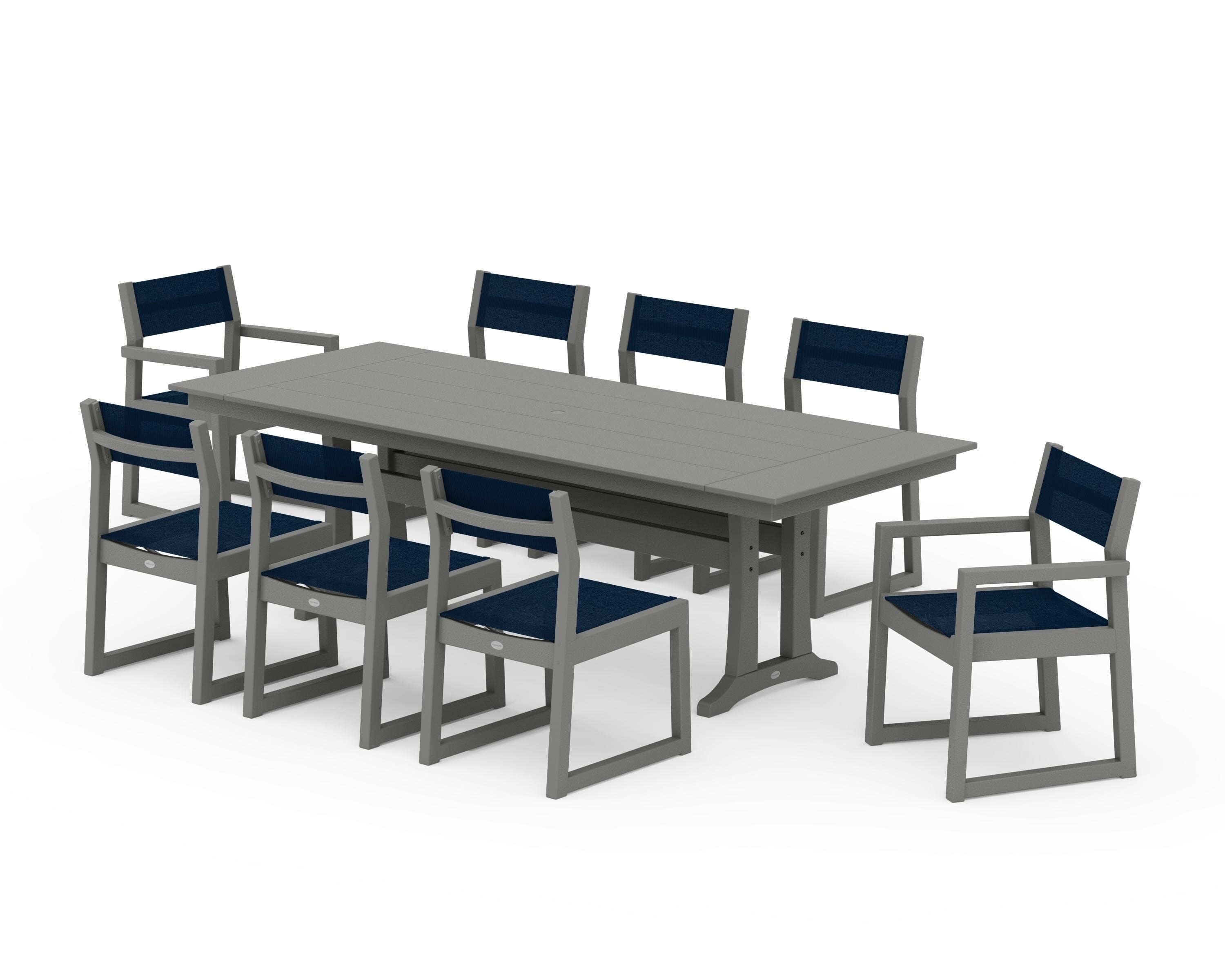 POLYWOOD EDGE Sling 9-Piece Farmhouse Trestle Dining Set in Slate Grey / Navy Blue Sling