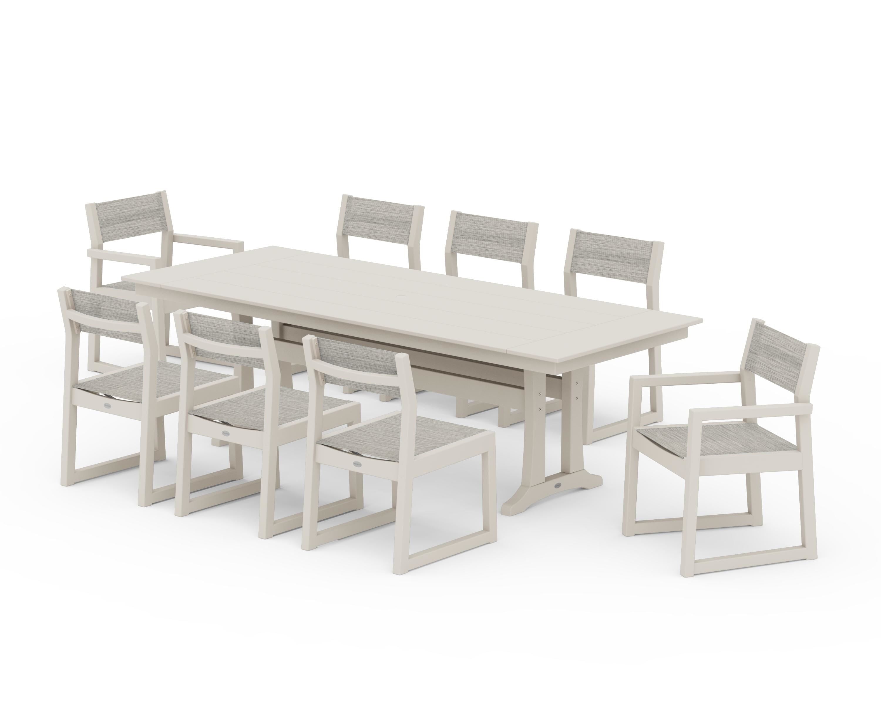 POLYWOOD EDGE Sling 9-Piece Farmhouse Trestle Dining Set in Sand / Birch Sling