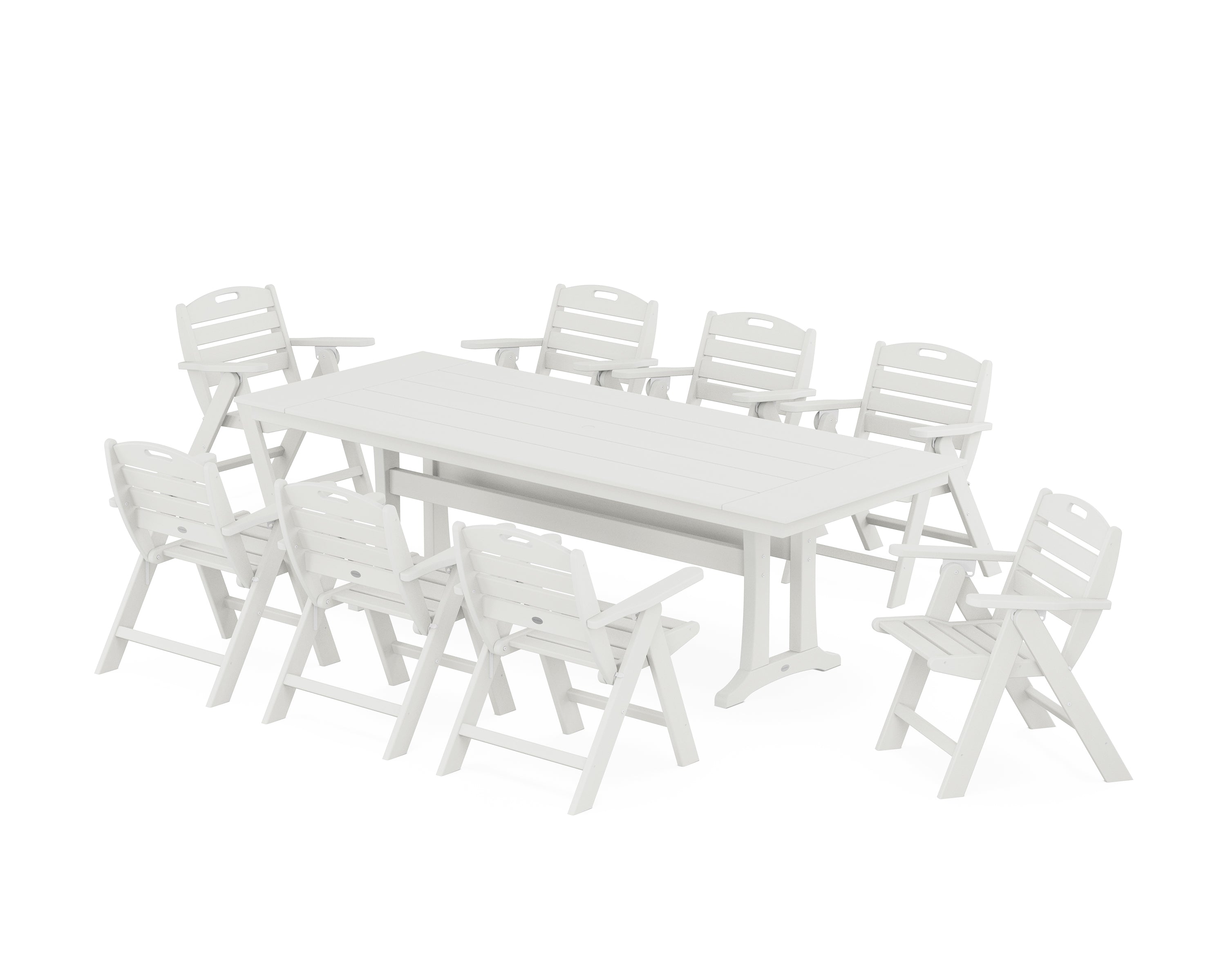 POLYWOOD® Nautical Lowback 9-Piece Farmhouse Dining Set with Trestle Legs in Vintage White