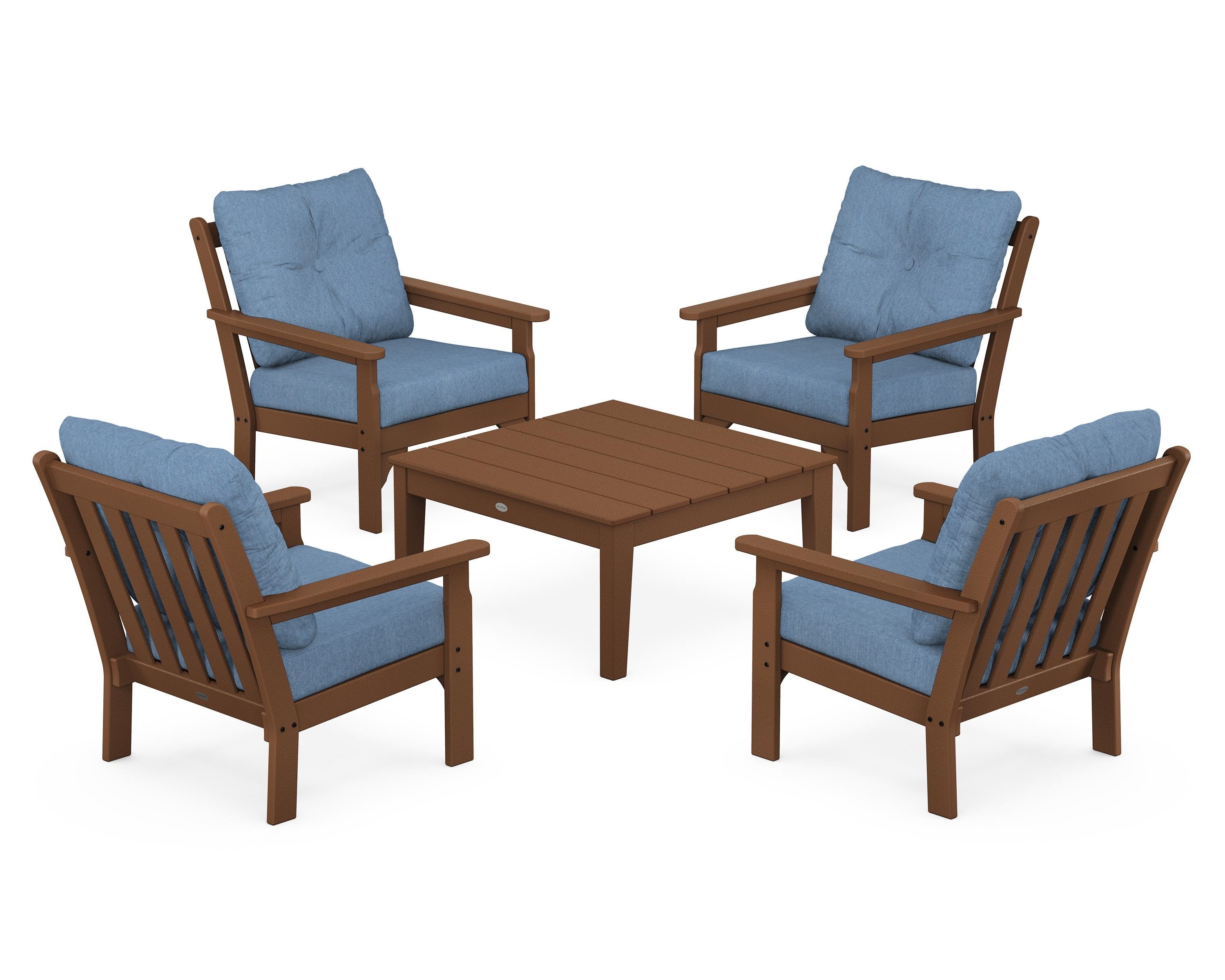 POLYWOOD Vineyard 5-Piece Deep Seating Conversation Set in Teak / Sky Blue