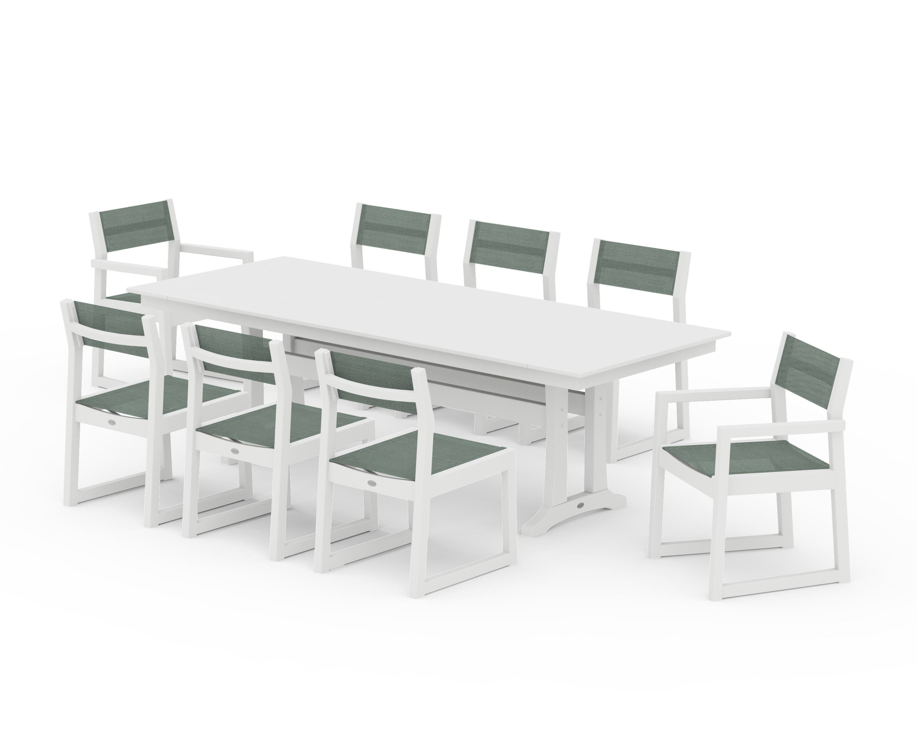 POLYWOOD EDGE Sling 9-Piece Farmhouse Trestle Dining Set in White / Dupioni Sea Mist Sling