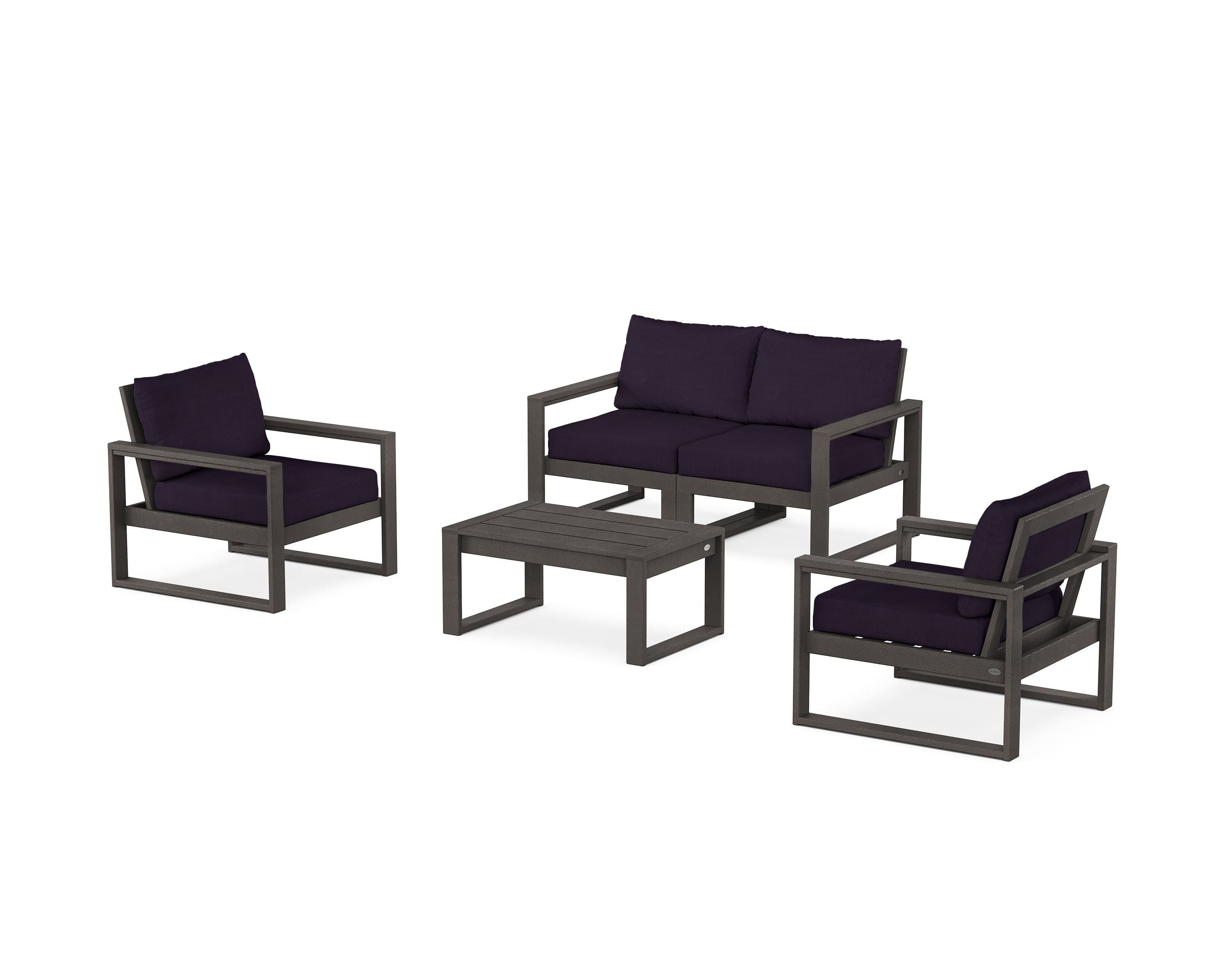 POLYWOOD EDGE Sectional 4-Piece Deep Seating Set with Loveseat in Vintage Coffee / Navy Linen