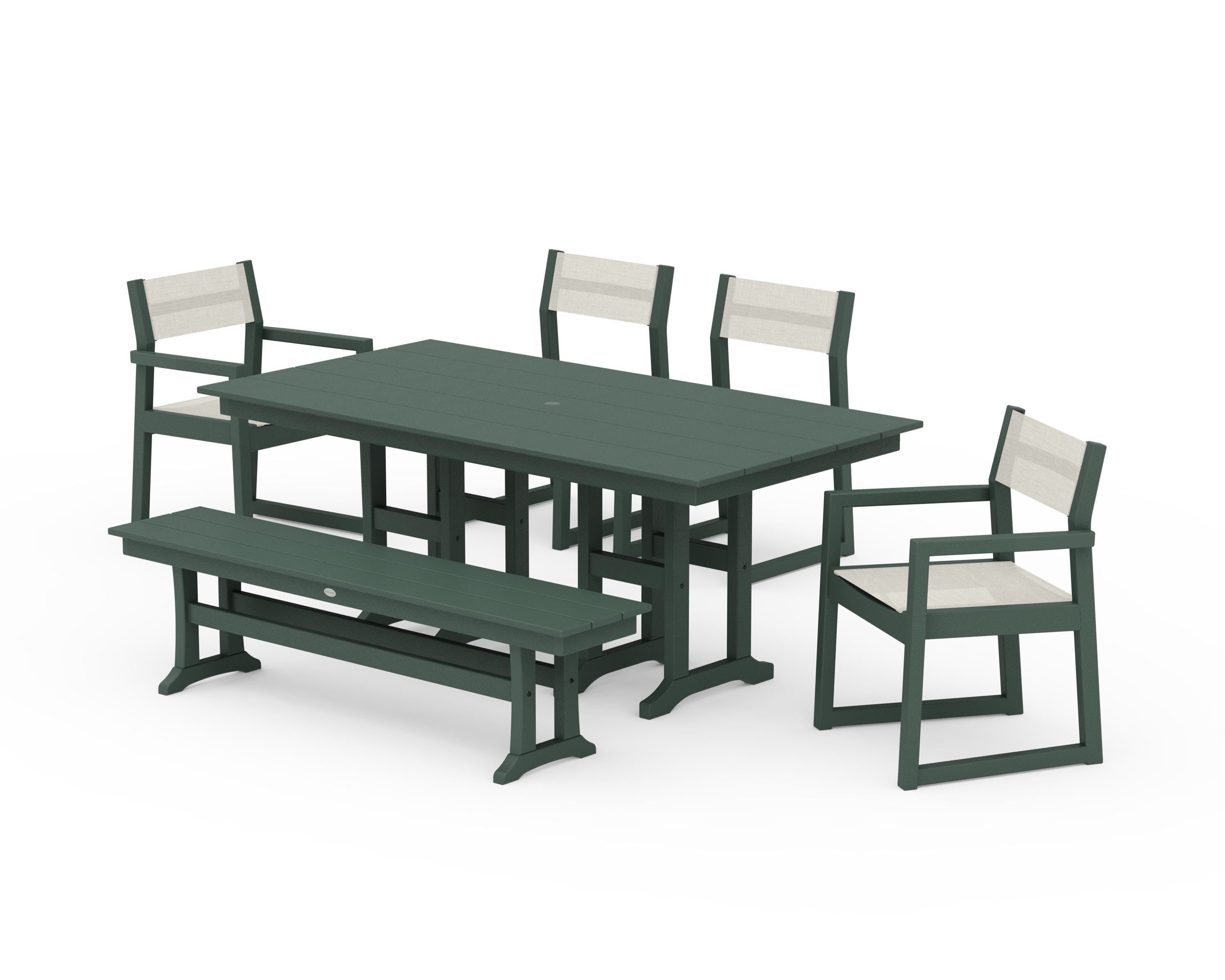 POLYWOOD EDGE Sling 6-Piece Farmhouse Dining Set in Green / Parchment Sling