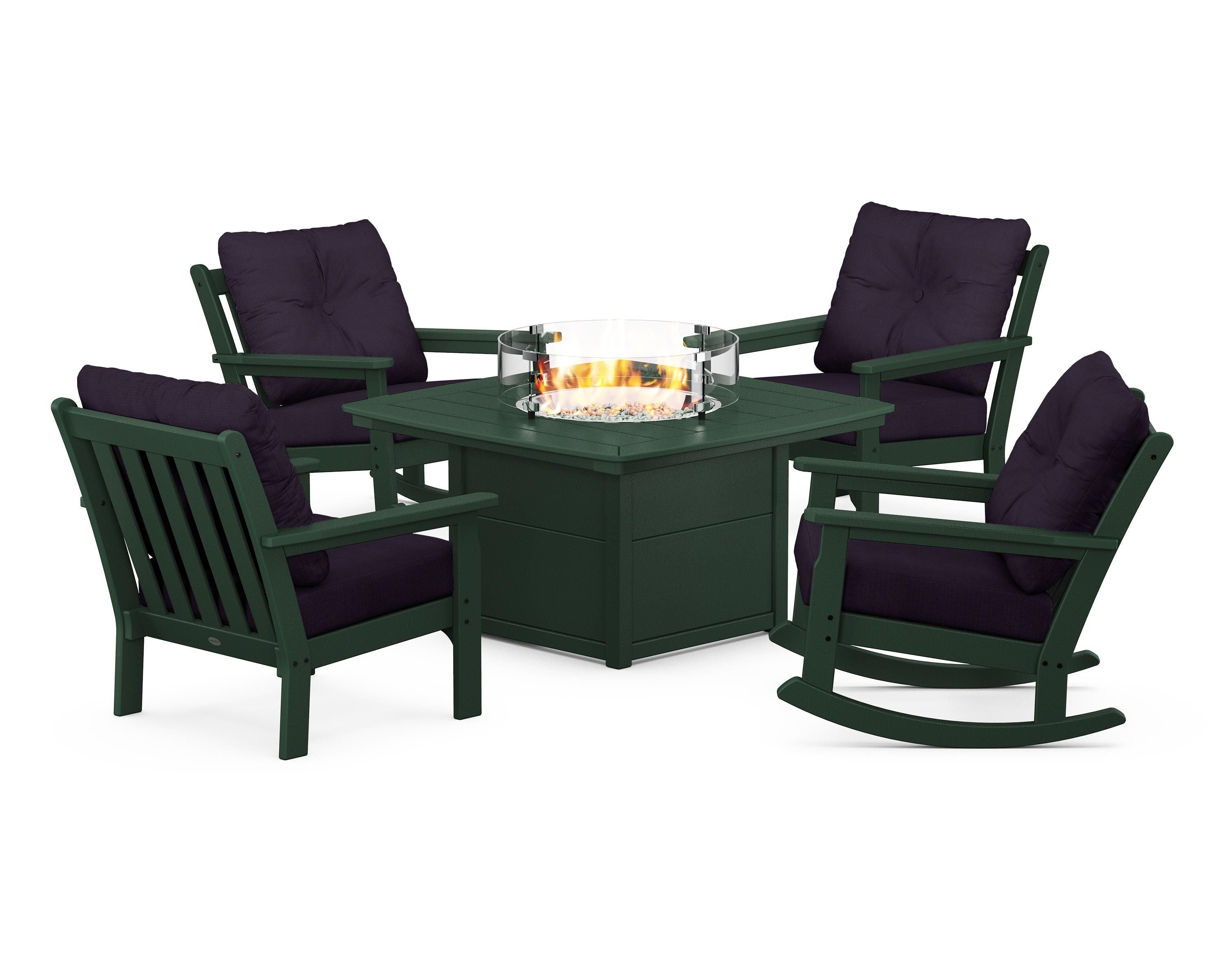 POLYWOOD Vineyard 5-Piece Deep Seating Rocking Chair Conversation Set with Fire Pit Table in Green / Navy Linen
