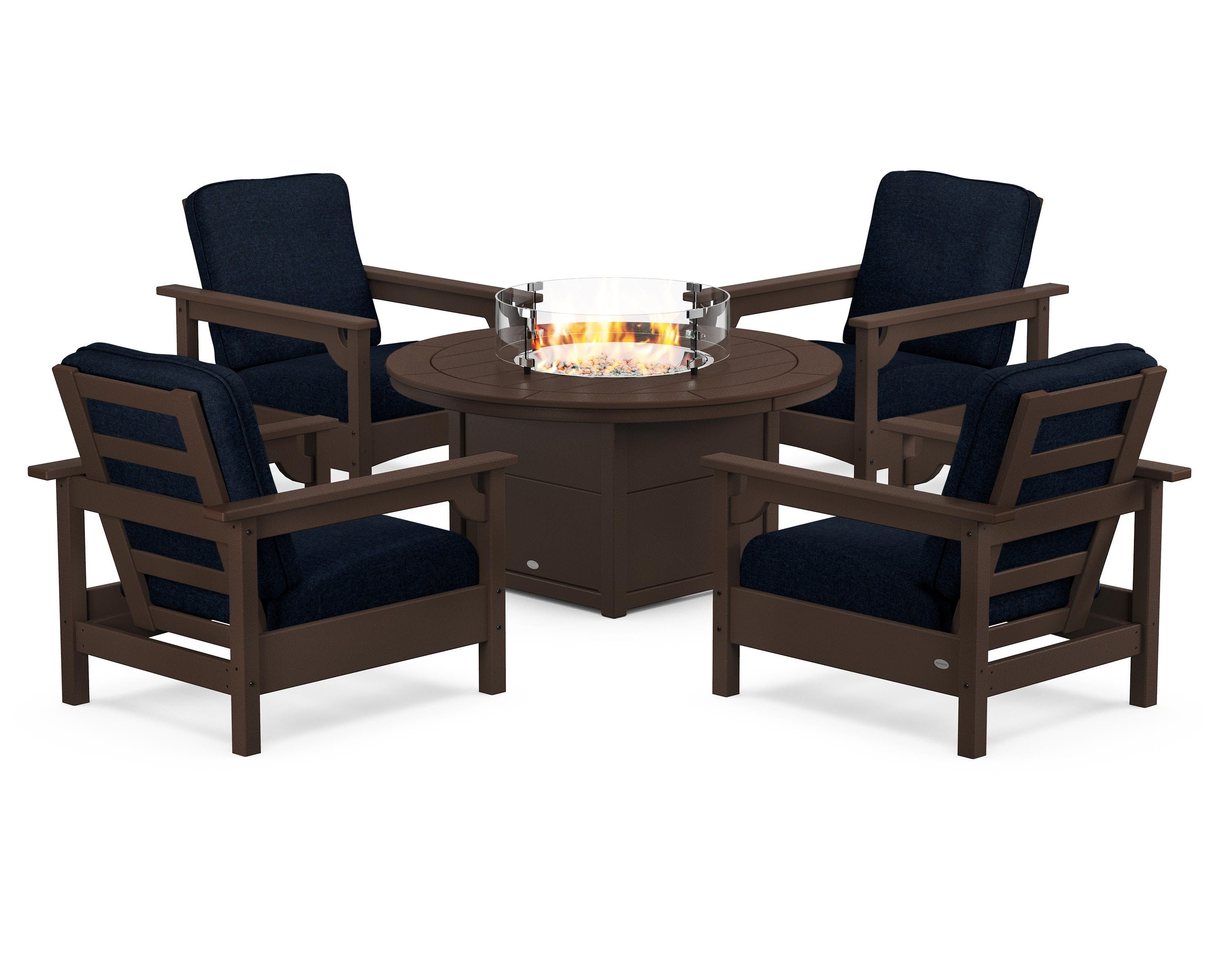 POLYWOOD Club 5-Piece Conversation Set with Fire Pit Table in Mahogany / Marine Indigo