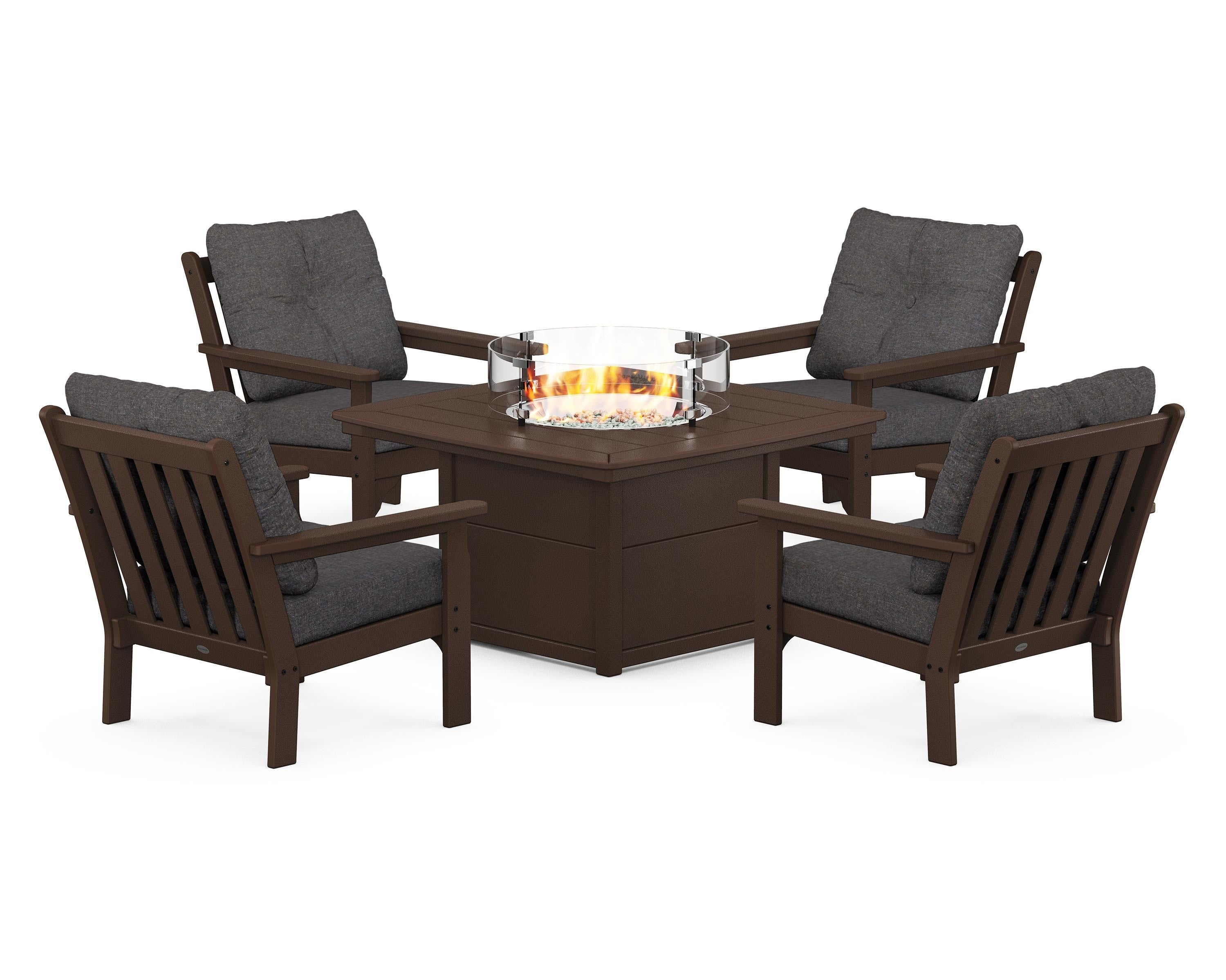 POLYWOOD Vineyard 5-Piece Conversation Set with Fire Pit Table in Mahogany / Ash Charcoal