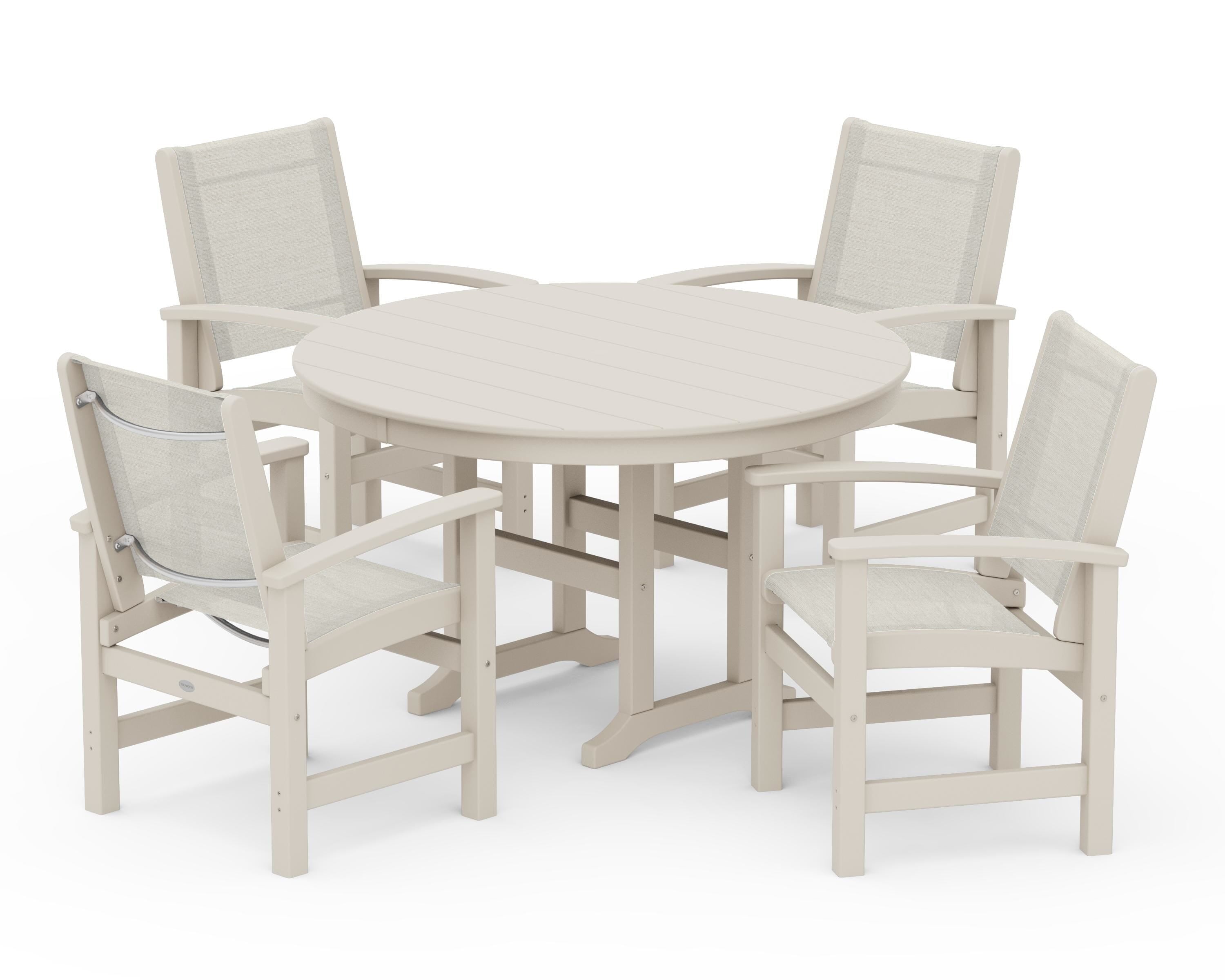 POLYWOOD Coastal 5-Piece Round Farmhouse Dining Set in Sand / Parchment Sling