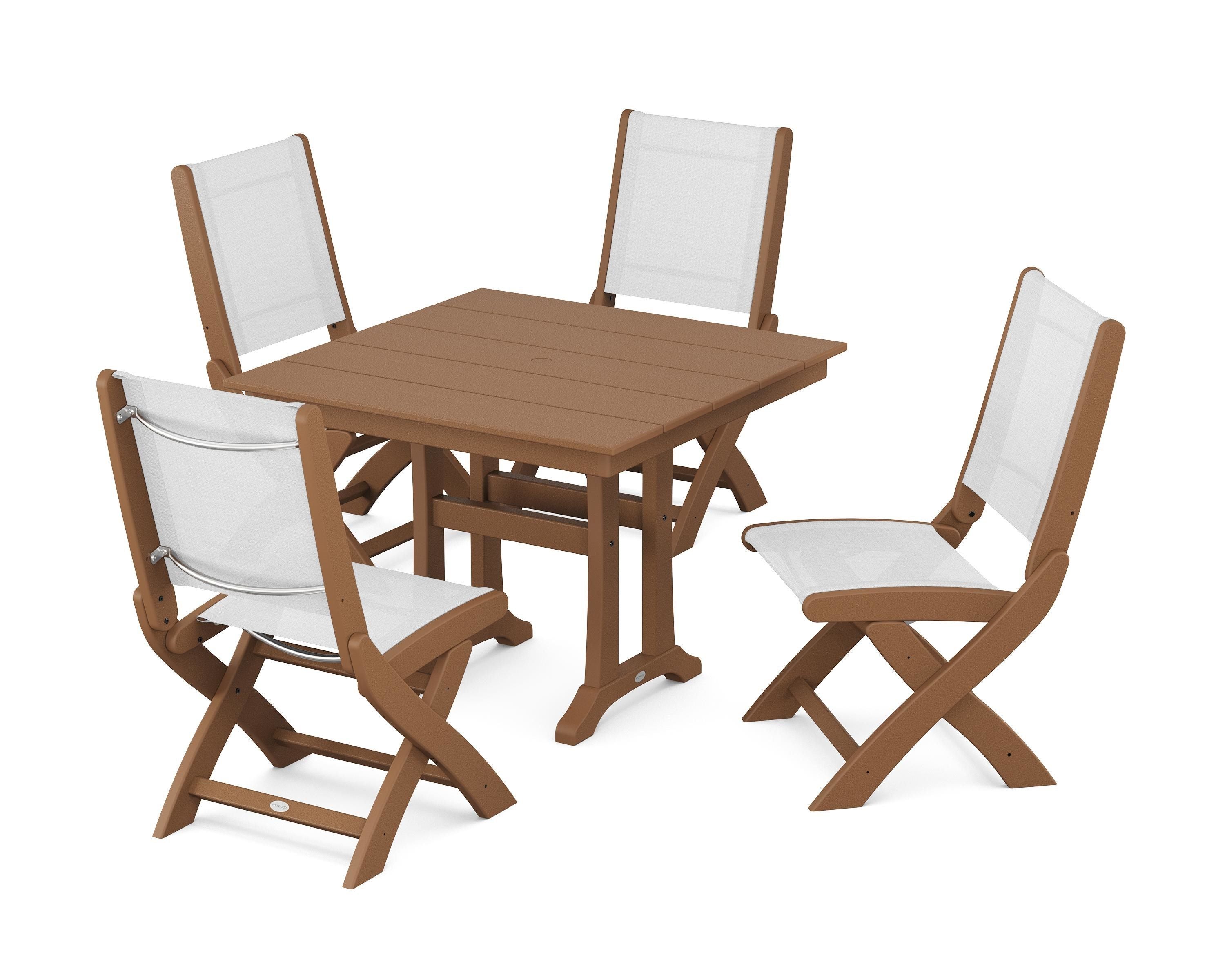 POLYWOOD Coastal Folding Side Chair 5-Piece Farmhouse Dining Set With Trestle Legs in Teak / White Sling