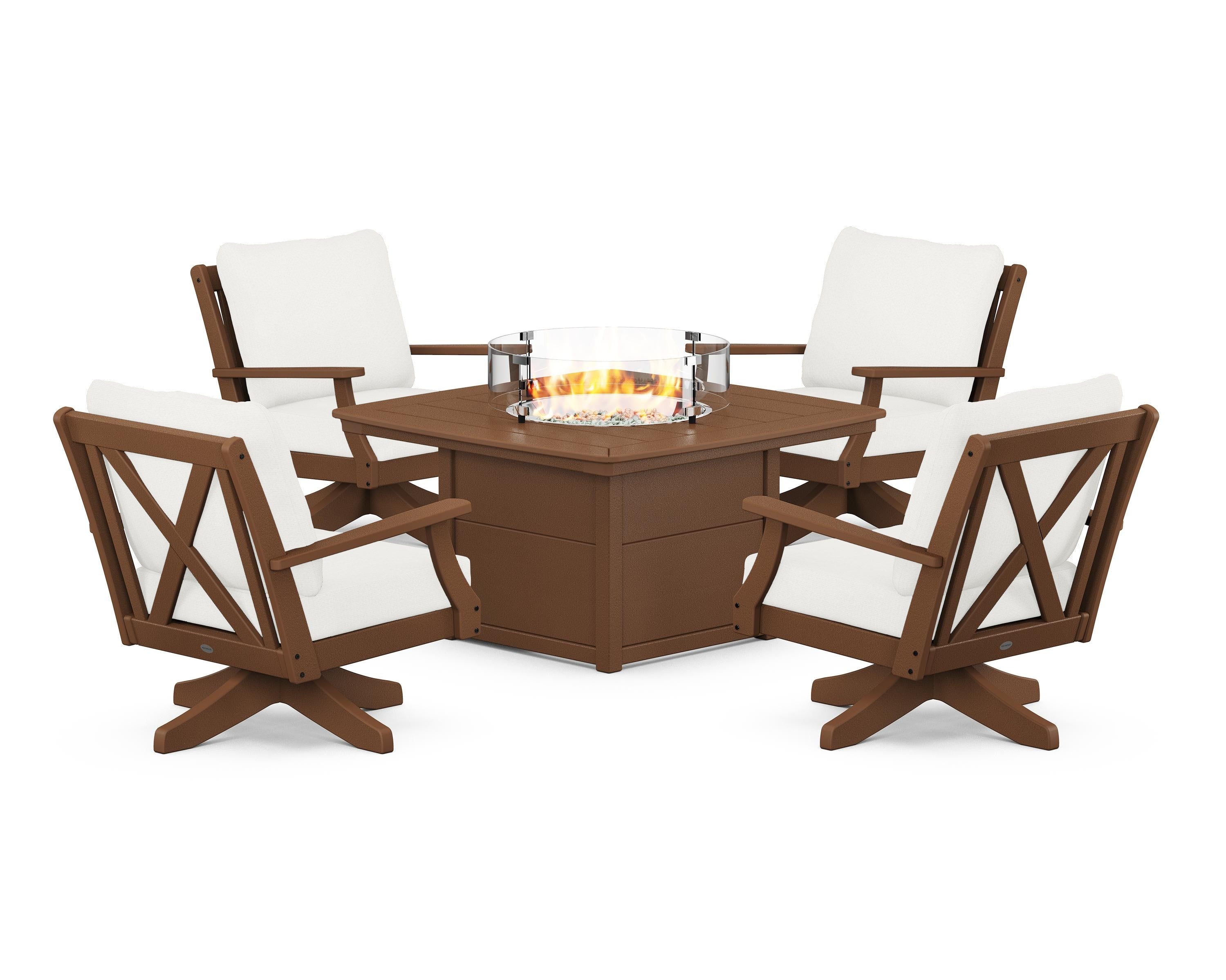 POLYWOOD Braxton 5-Piece Deep Seating Swivel Conversation Set with Fire Pit Table in Teak / Natural Linen