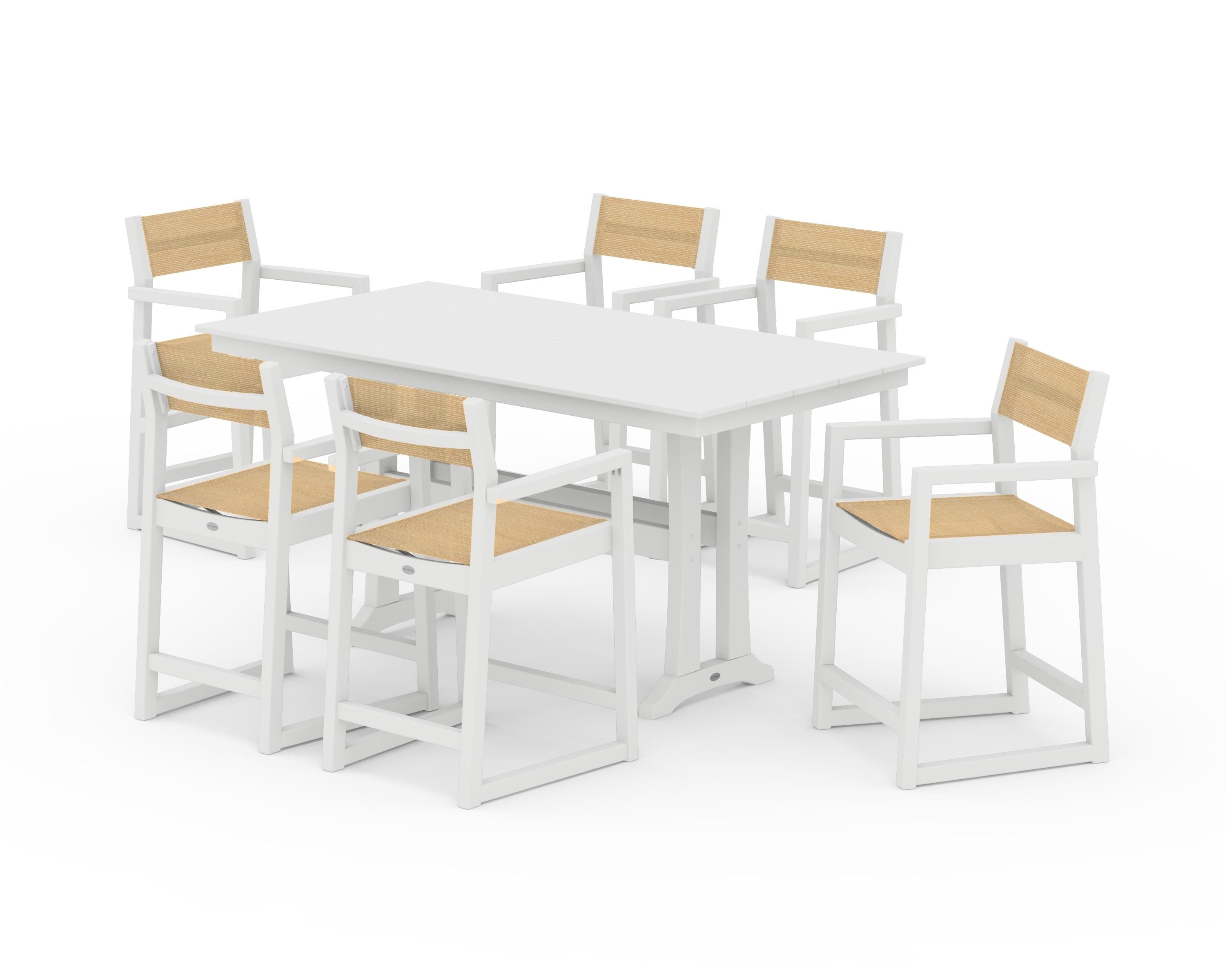 POLYWOOD EDGE Sling Arm Chair 7-Piece Farmhouse Counter Set with Trestle Legs in White / Dupioni Apricot Sling