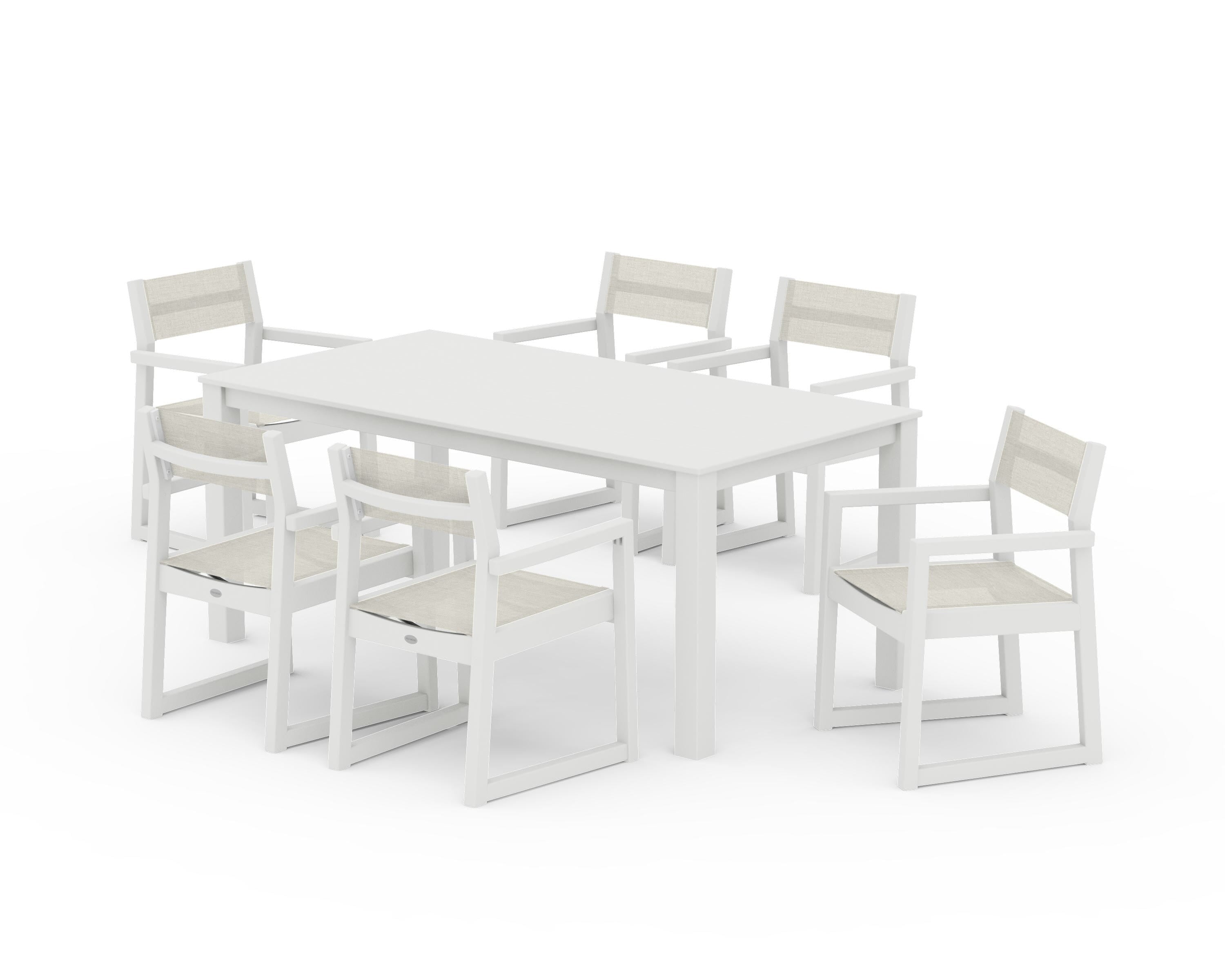 POLYWOOD EDGE Sling Arm Chair 7-Piece Parsons Dining Set in Vintage White / Parchment Sling
