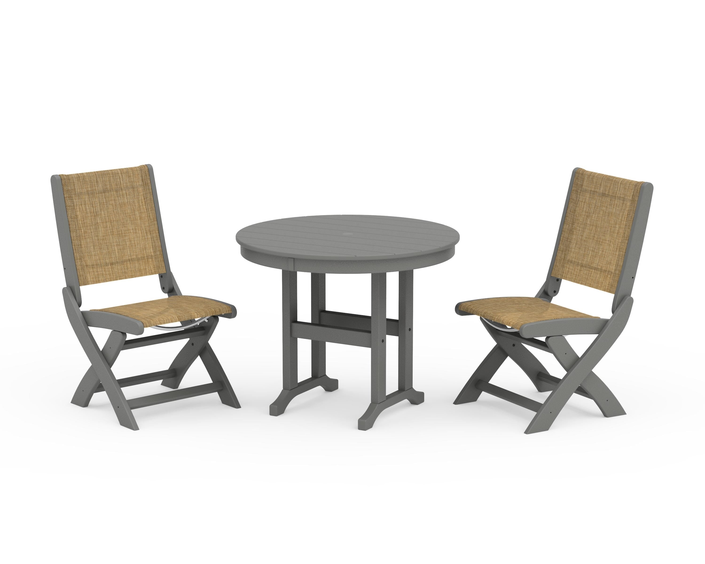 POLYWOOD Coastal Folding Side Chair 3-Piece Round Dining Set in Slate Grey / Burlap Sling