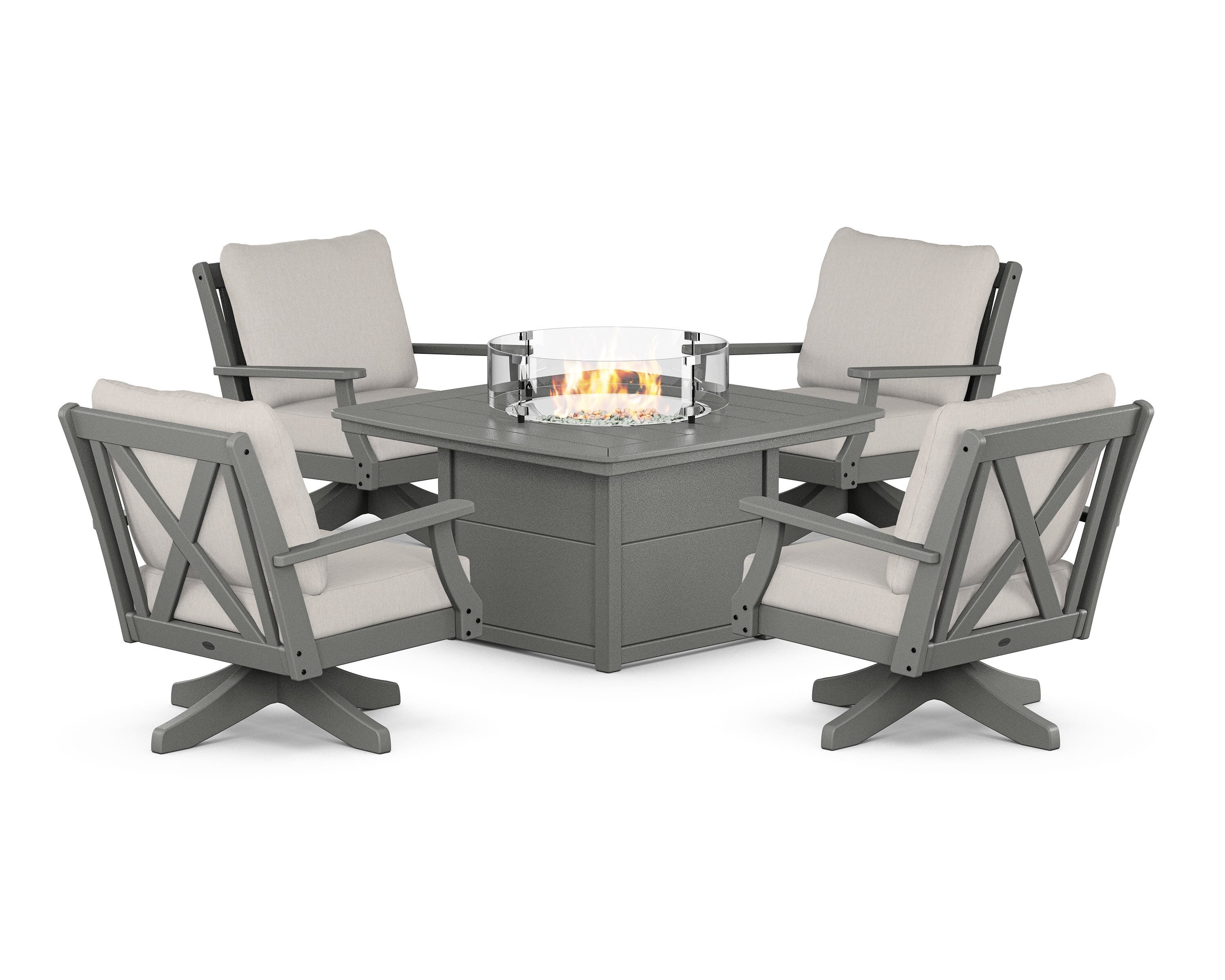 POLYWOOD Braxton 5-Piece Deep Seating Swivel Conversation Set with Fire Pit Table in Slate Grey / Cast Ash