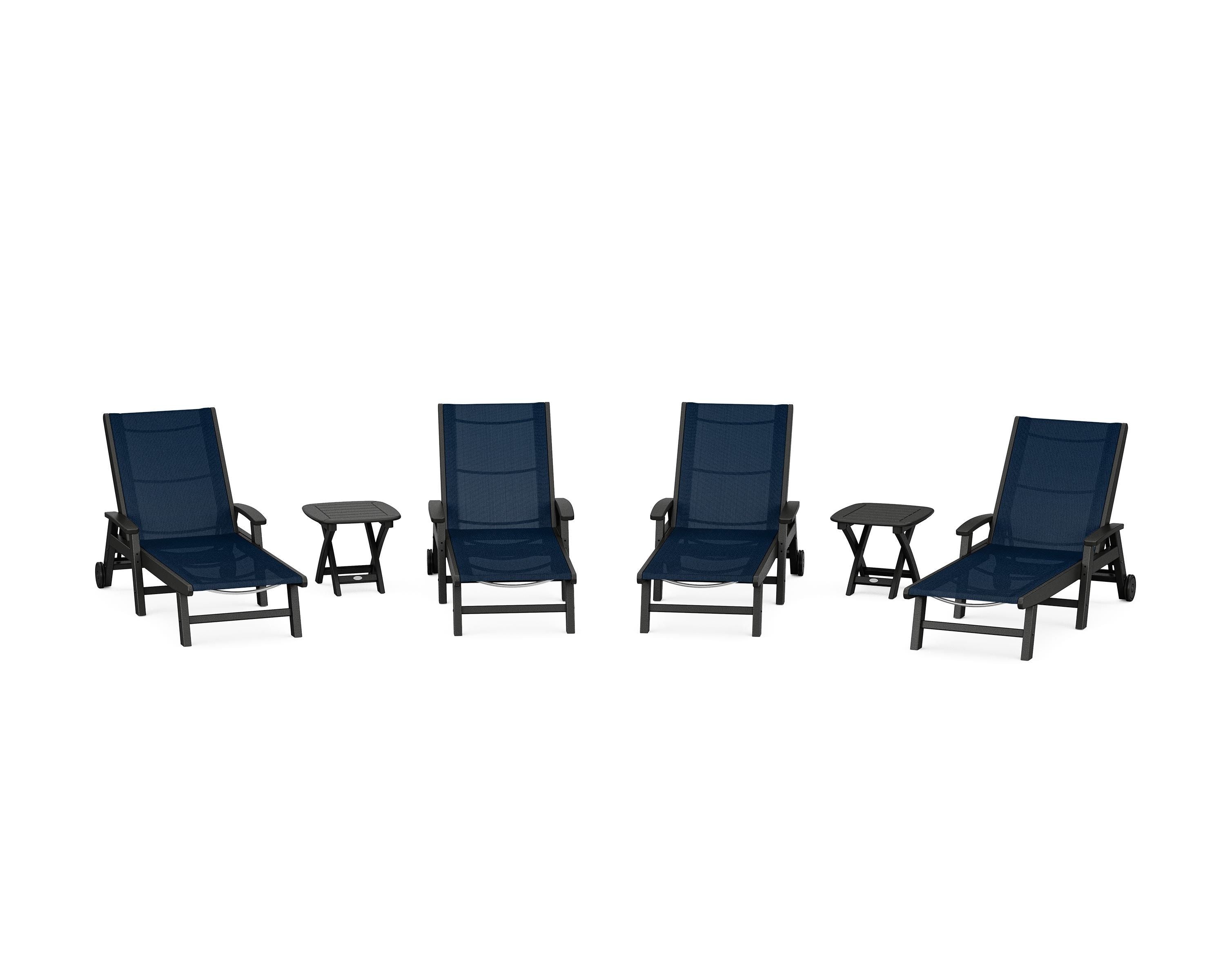 POLYWOOD Coastal Chaise 6-Piece Set with Wheels in Black / Navy Blue Sling