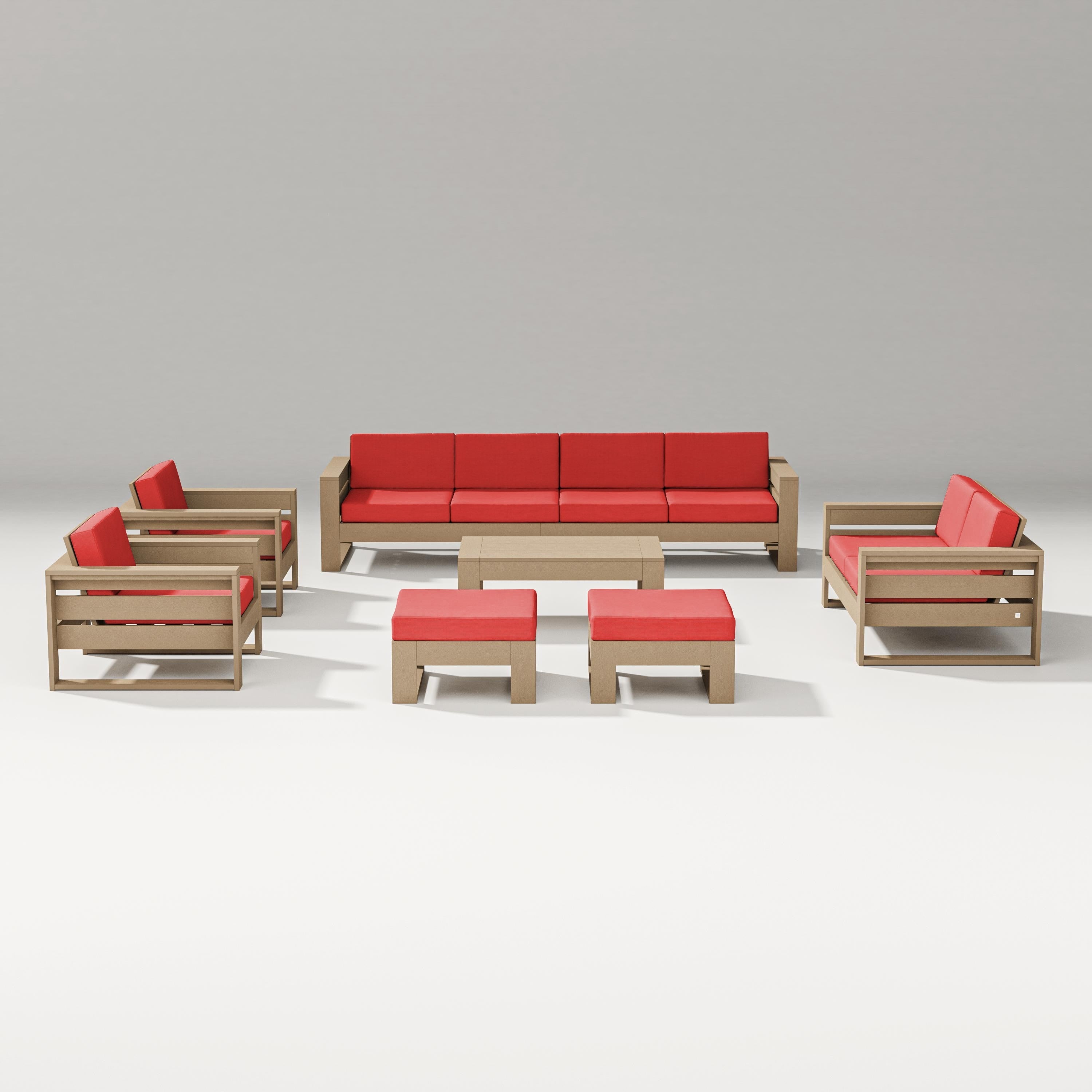 PW Designer Series Latitude 8-Piece Lounge Sofa Set in Vintage Sahara / Crimson Linen