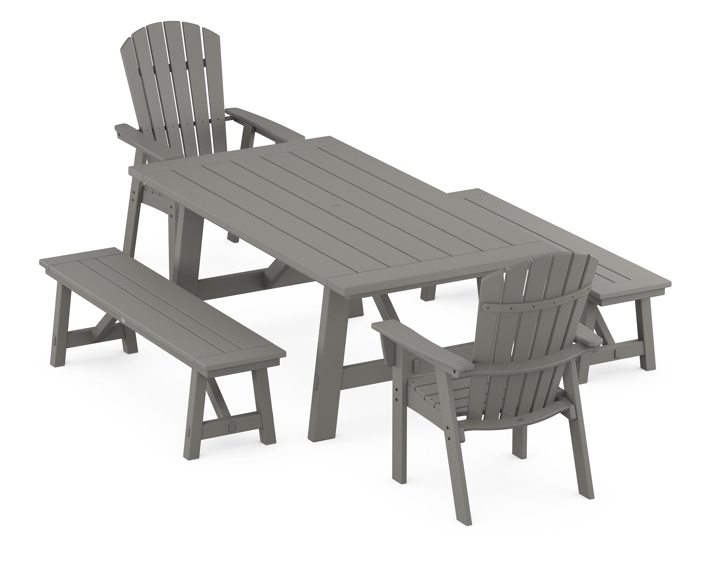 POLYWOOD® Nautical Curveback Adirondack 5-Piece Rustic Farmhouse Dining Set With Benches in Slate Grey