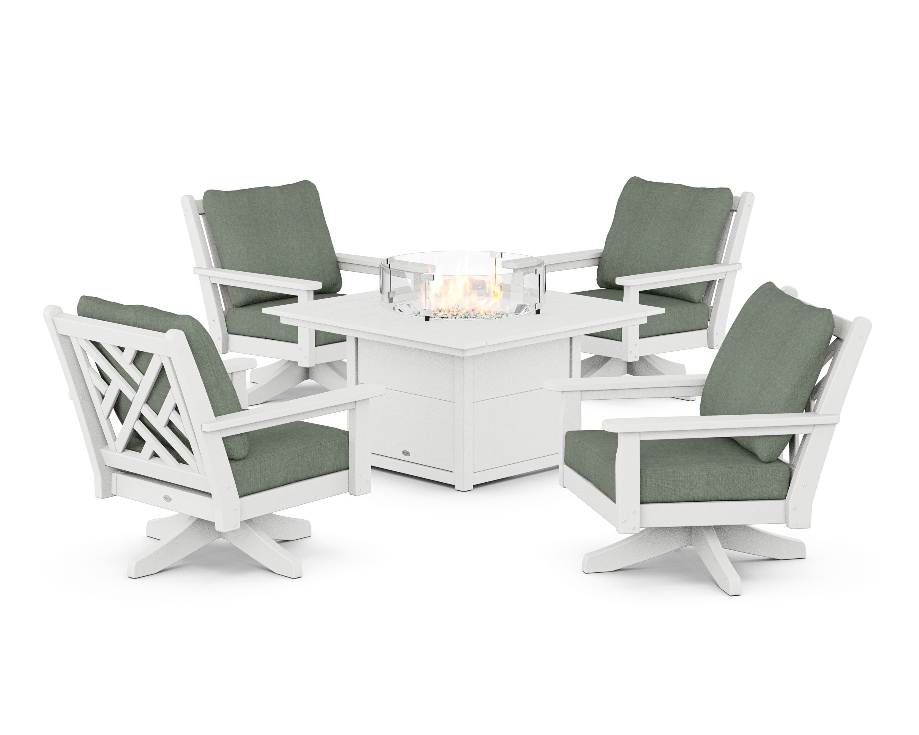 POLYWOOD Chippendale 5-Piece Deep Seating Swivel Conversation Set with Fire Pit Table in White / Cast Sage