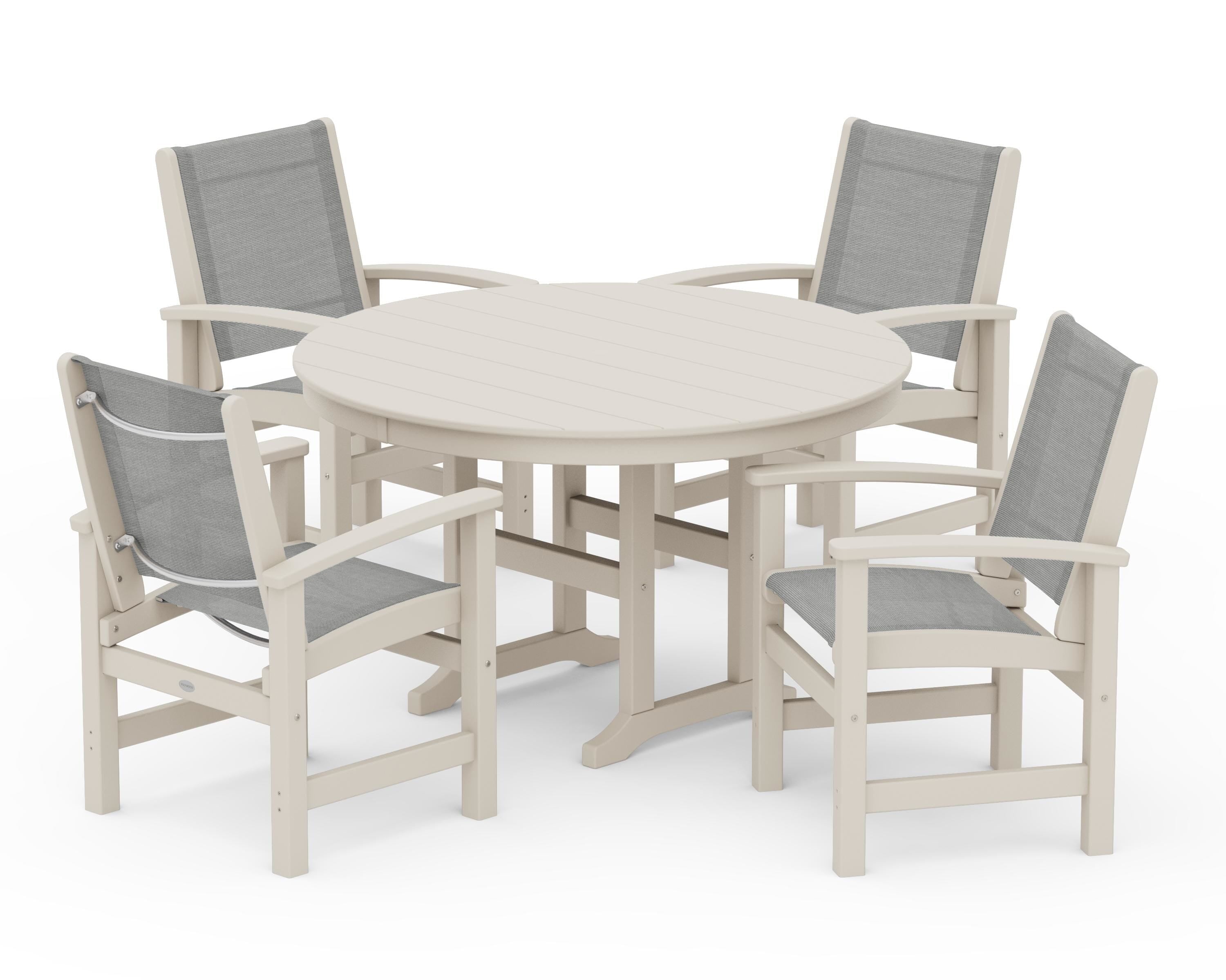 POLYWOOD Coastal 5-Piece Round Farmhouse Dining Set in Sand / Metallic Sling