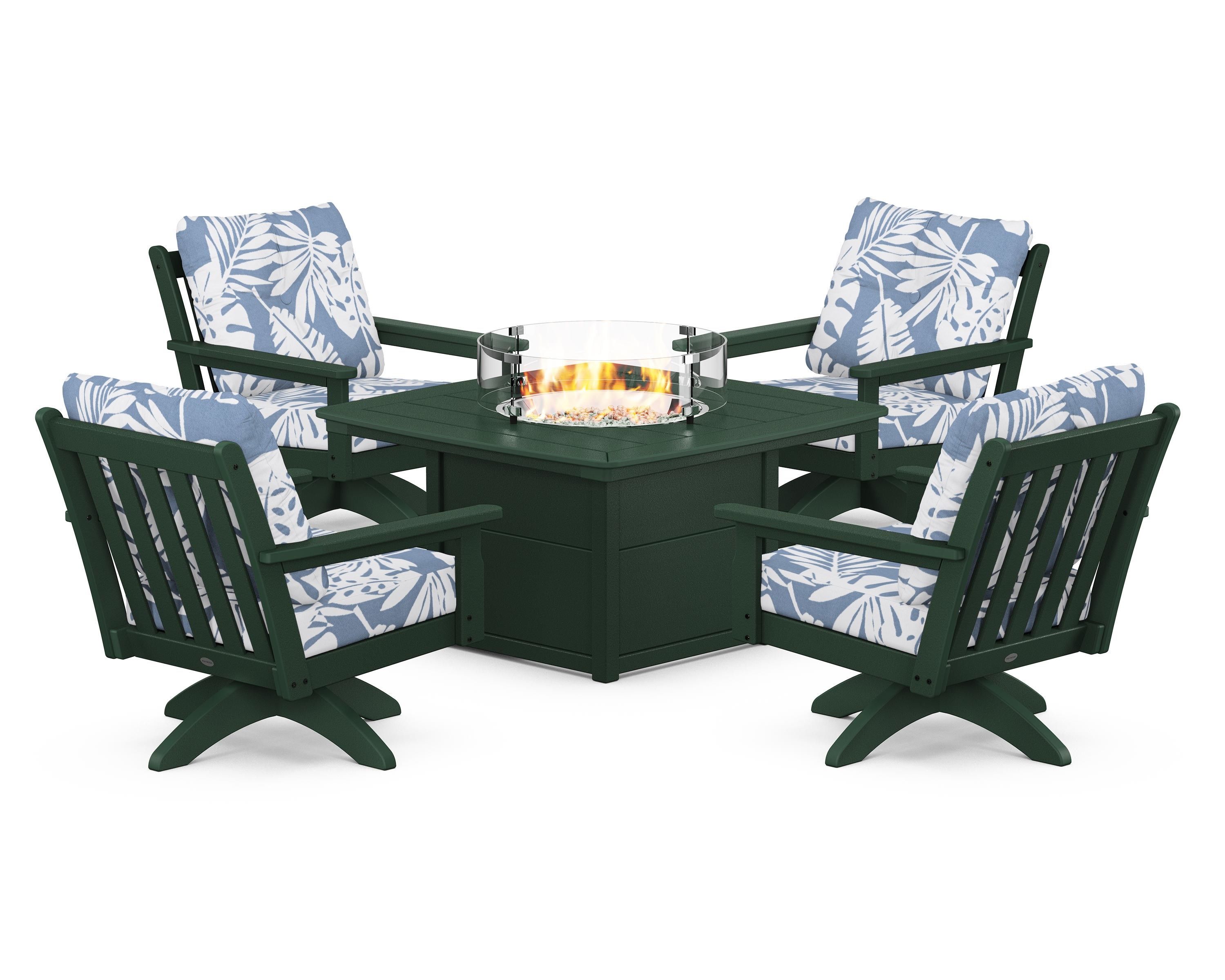 POLYWOOD Vineyard 5-Piece Deep Seating Swivel Conversation Set with Fire Pit Table in Green / Leaf Sky Blue