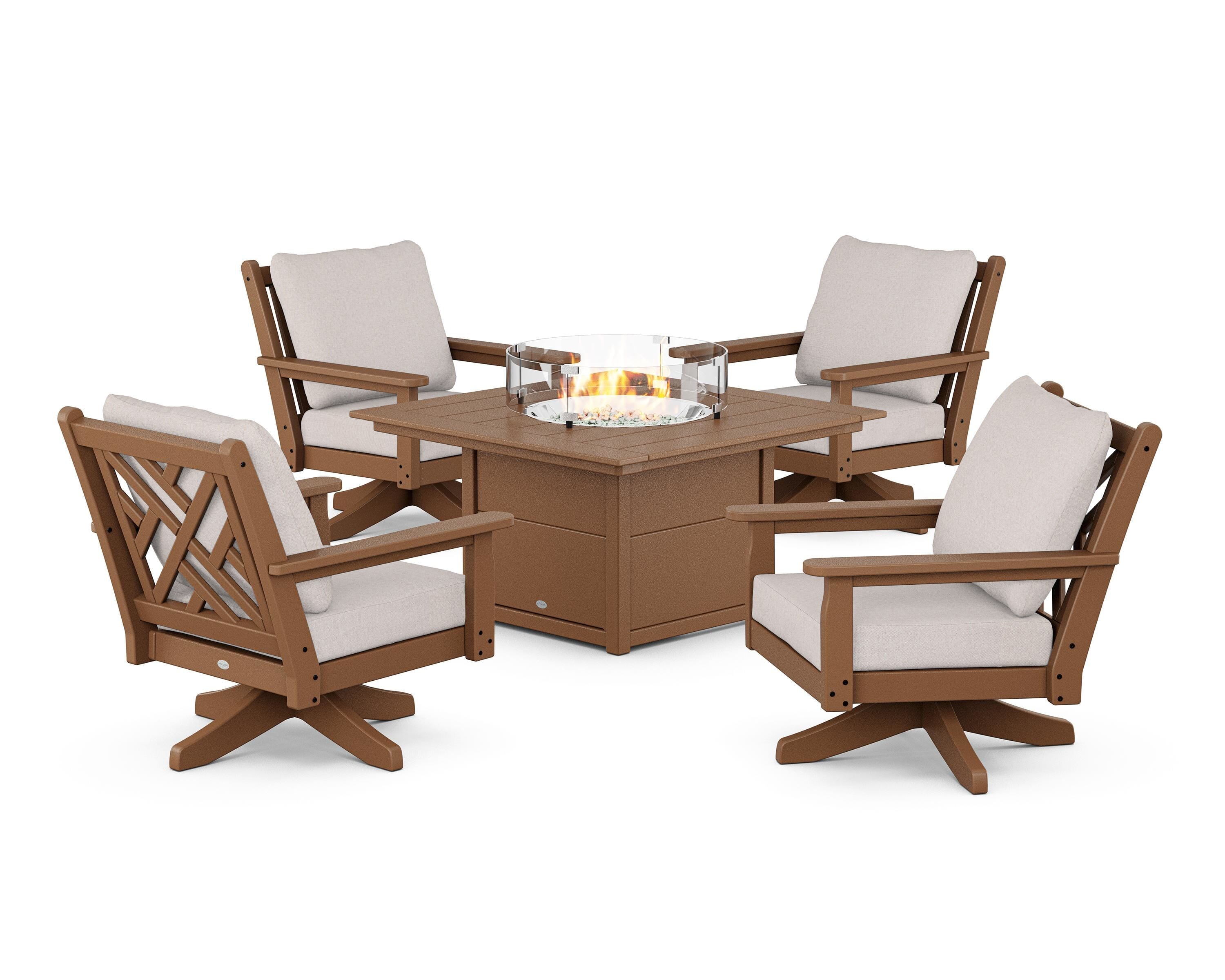 POLYWOOD Chippendale 5-Piece Deep Seating Swivel Conversation Set with Fire Pit Table in Teak / Dune Burlap