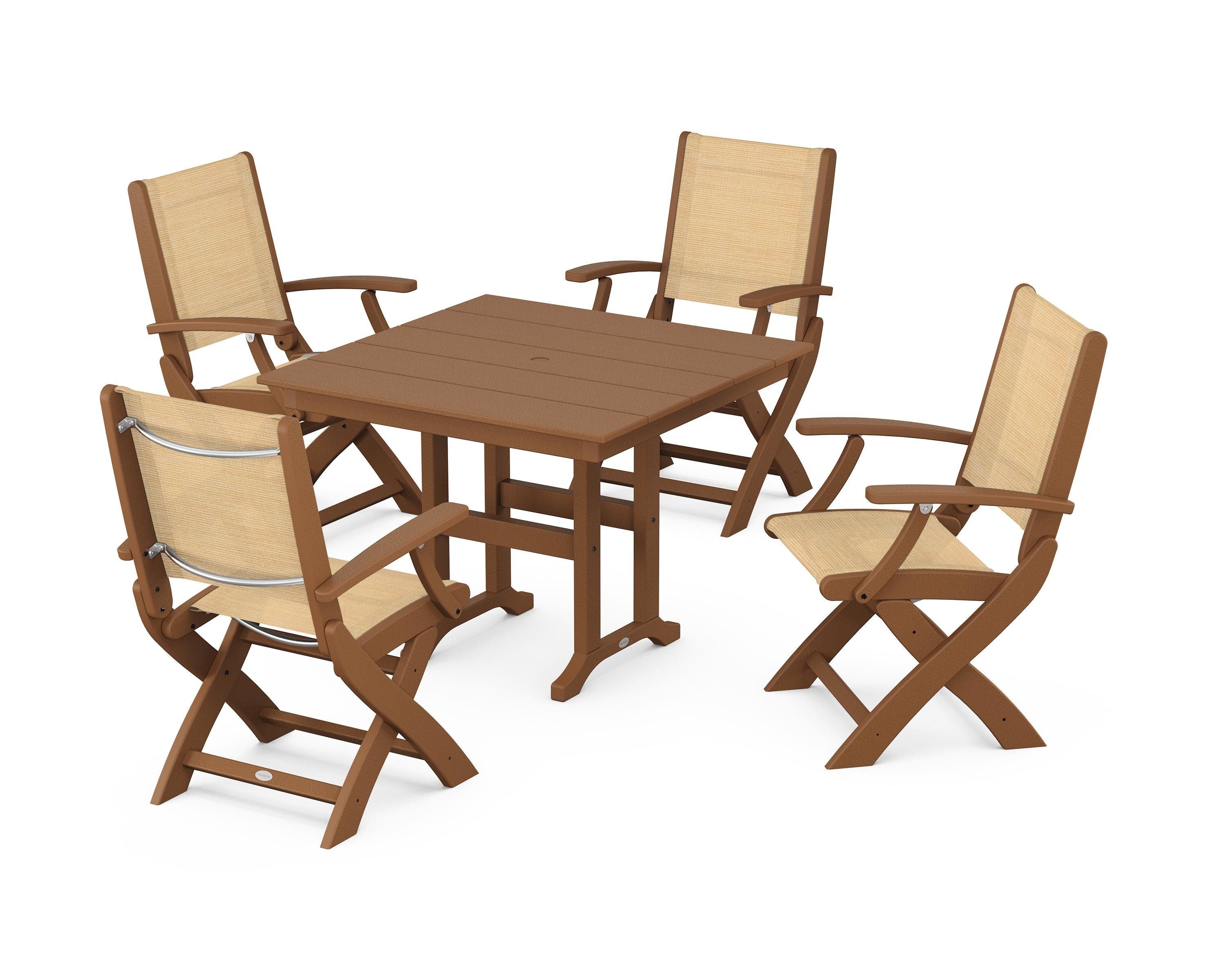 POLYWOOD Coastal Folding Chair 5-Piece Farmhouse Dining Set in Teak / Dupioni Apricot Sling