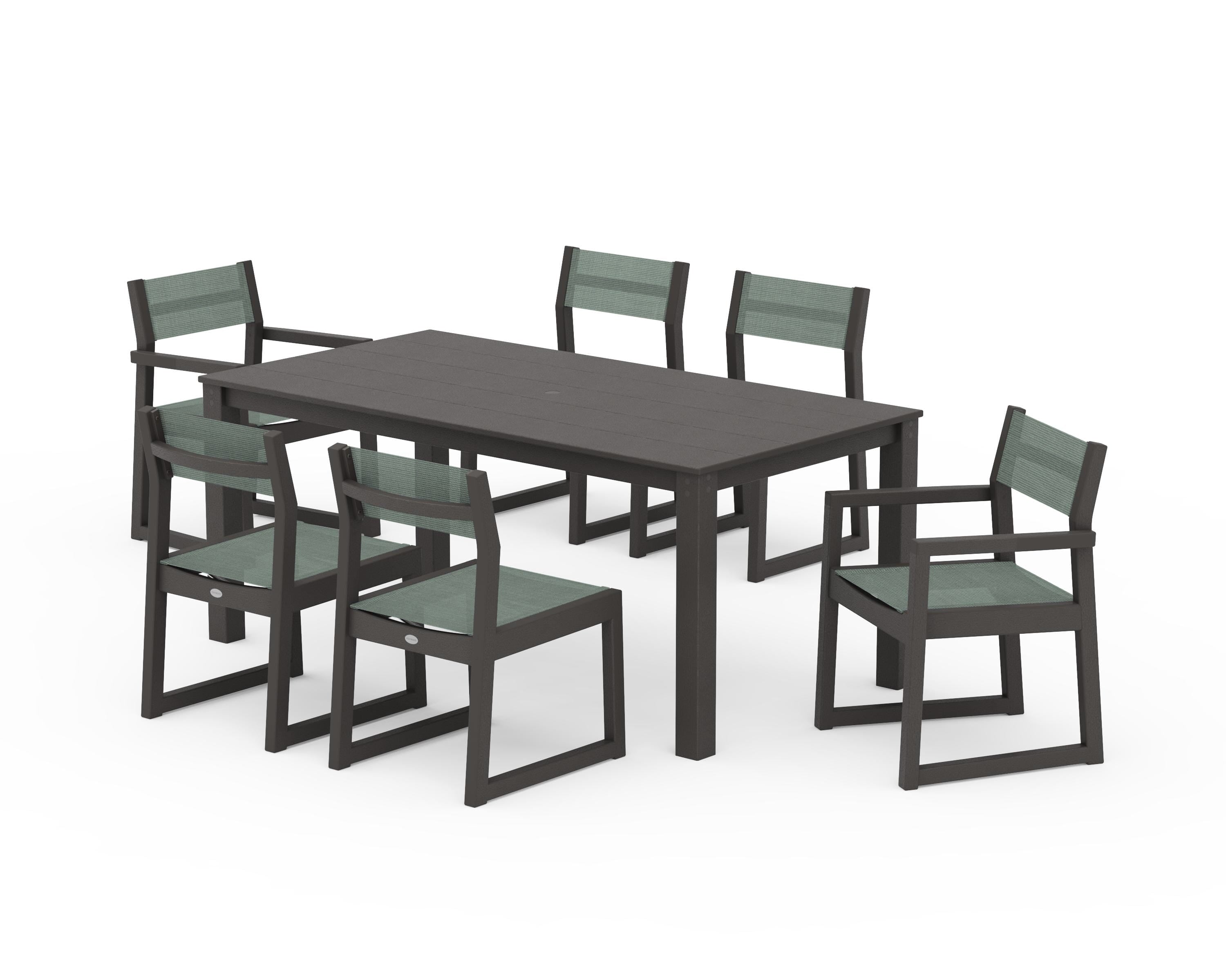 POLYWOOD EDGE Sling 7-Piece Parsons Dining Set in Vintage Coffee / Dupioni Sea Mist Sling