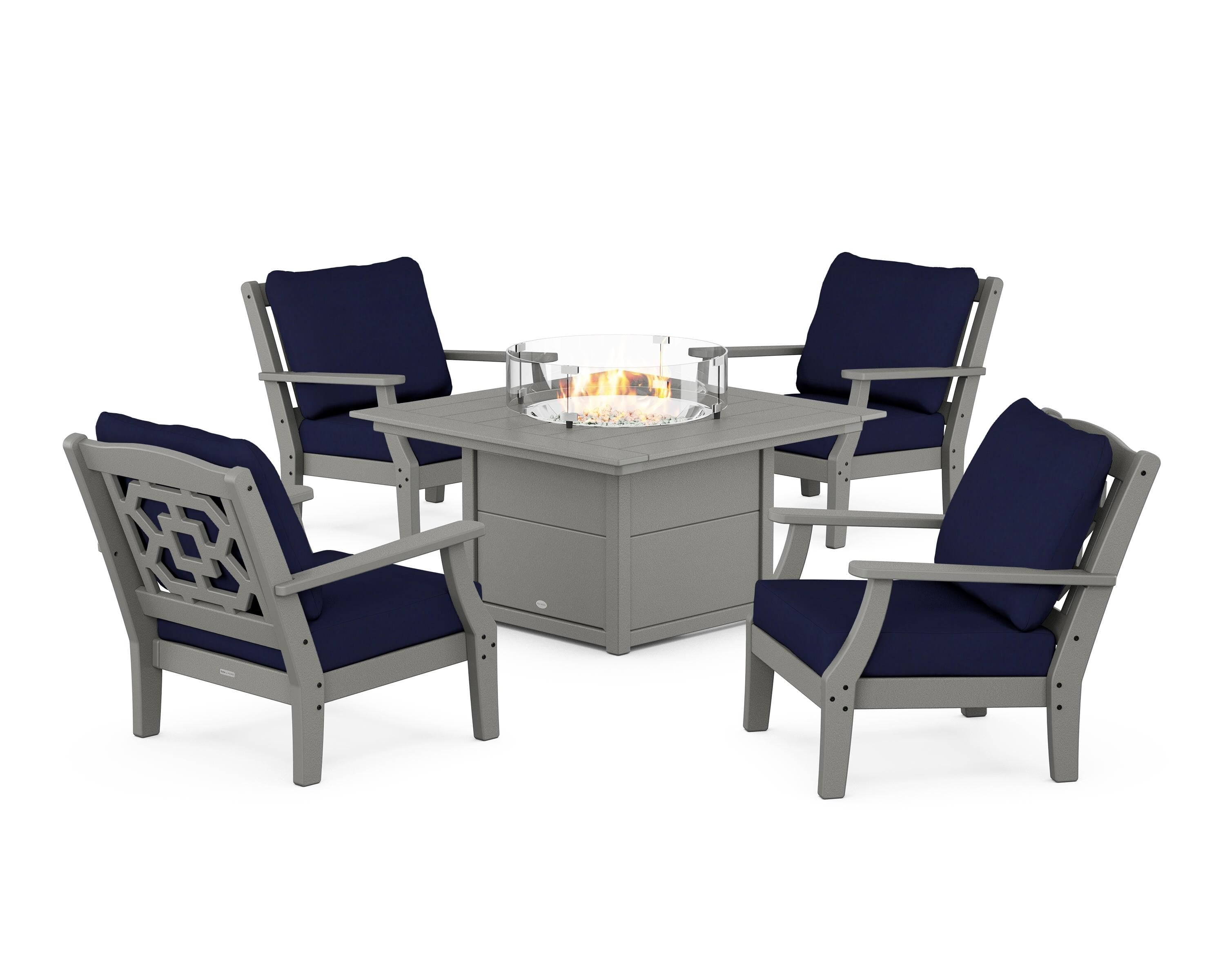 Martha Stewart by POLYWOOD Chinoiserie 5-Piece Deep Seating Set with Fire Pit Table in Slate Grey / Navy