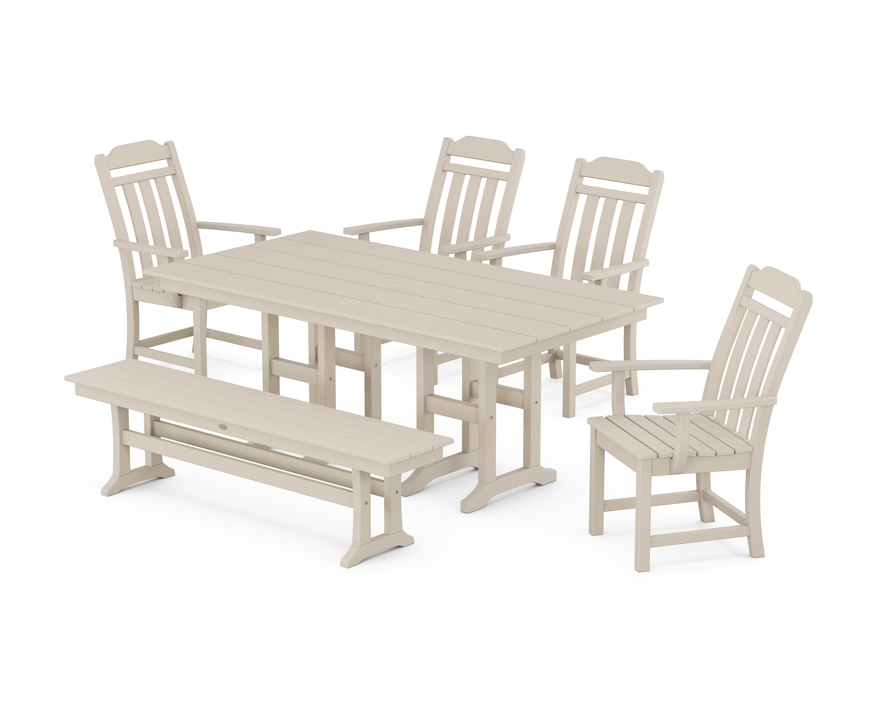 Polywood Country Living 6-Piece Farmhouse Dining Set with Bench in Sand