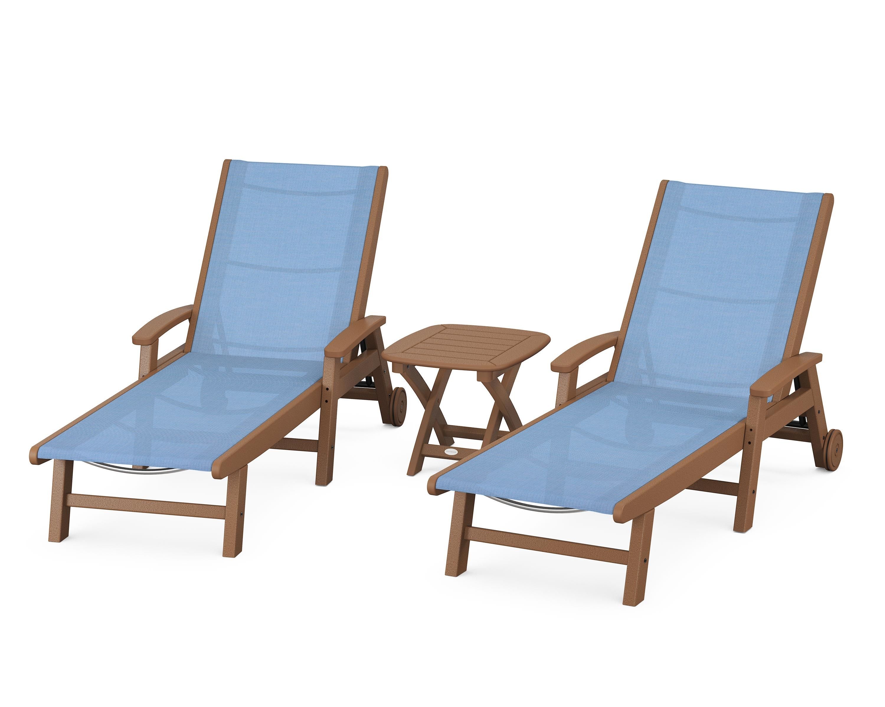 POLYWOOD Coastal 3-Piece Wheeled Chaise Set in Teak / Poolside Sling