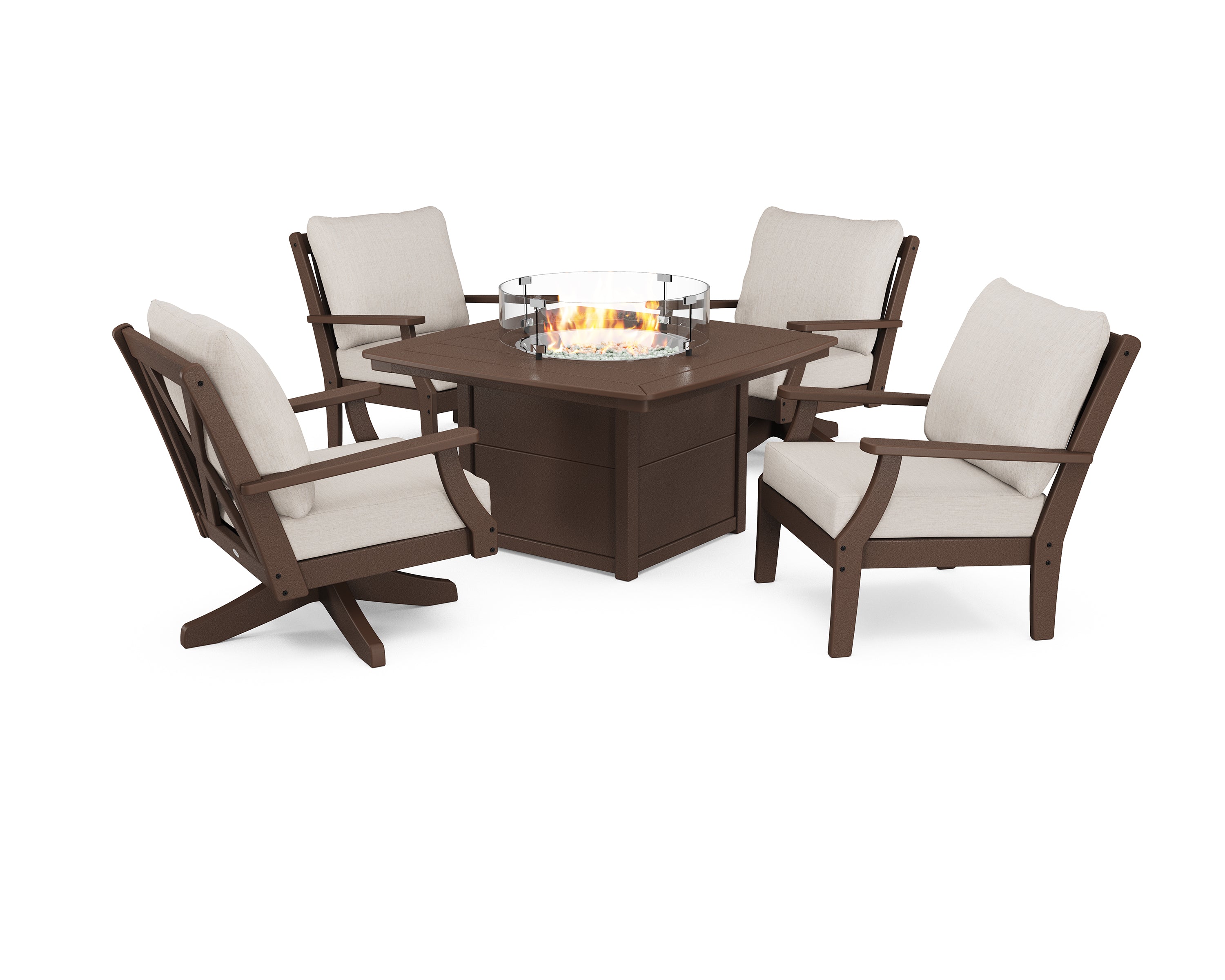 POLYWOOD Braxton 5-Piece Deep Seating Set with Fire Table in Mahogany / Cast Ash
