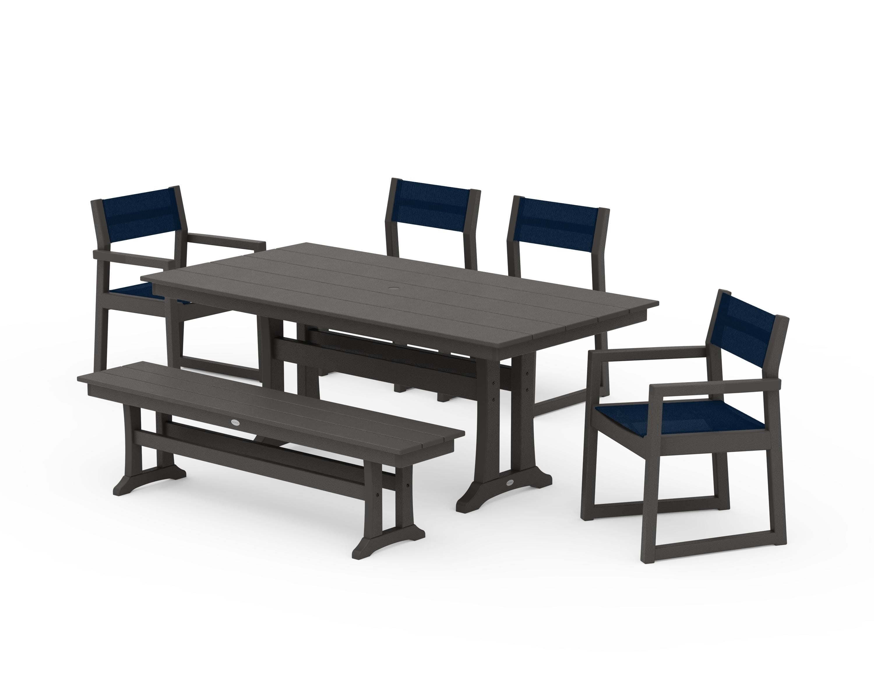 POLYWOOD EDGE Sling 6-Piece Farmhouse Dining Set With Trestle Legs in Vintage Coffee / Navy Blue Sling