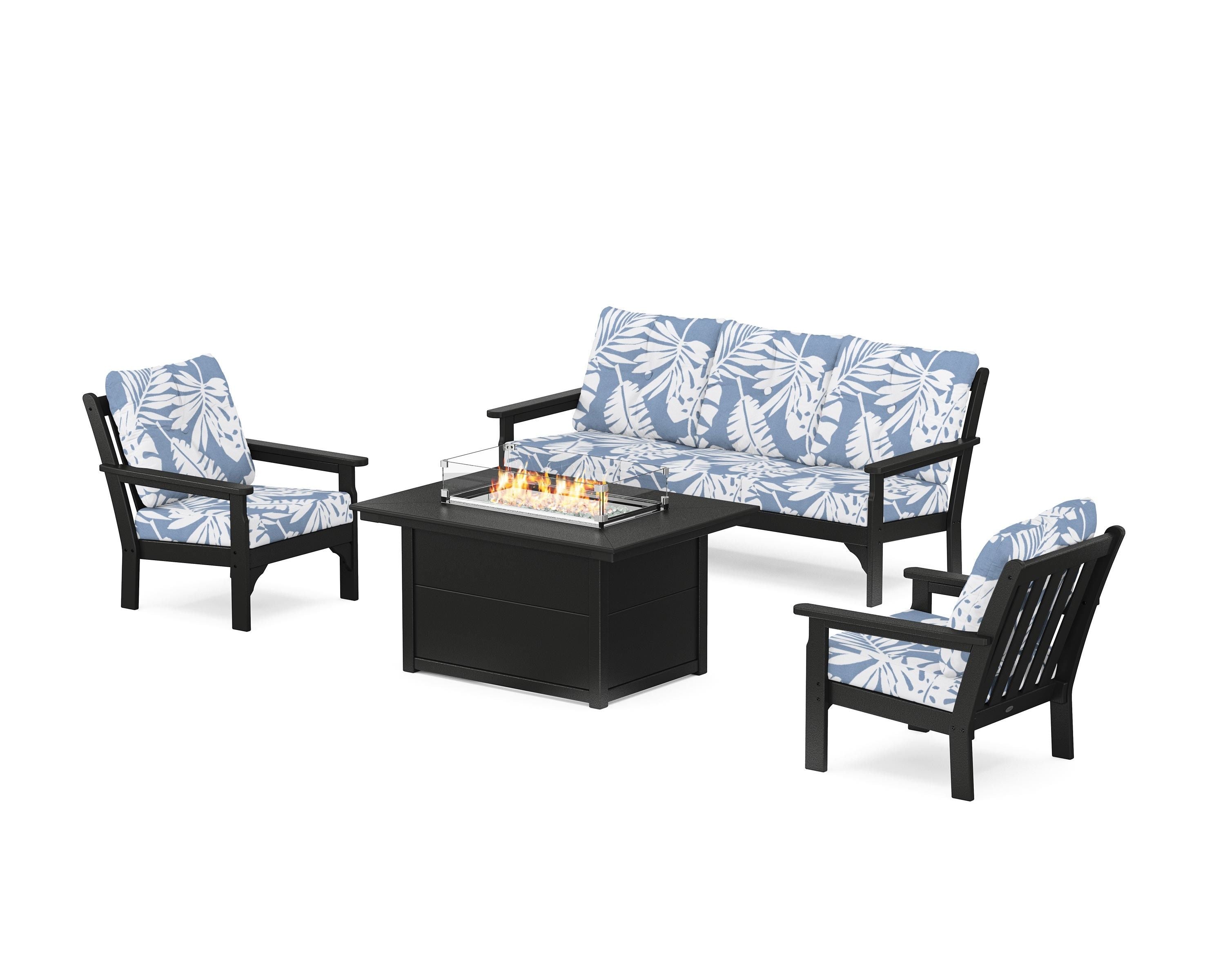 POLYWOOD Vineyard Deep Seating Fire Pit Table Set in Black / Leaf Sky Blue
