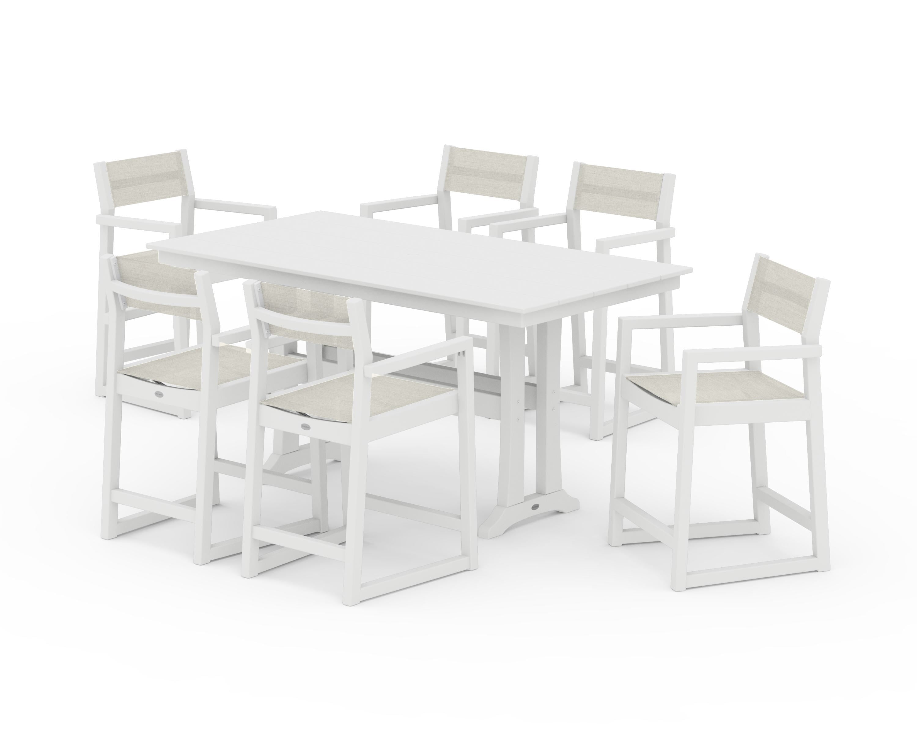 POLYWOOD EDGE Sling Arm Chair 7-Piece Farmhouse Counter Set with Trestle Legs in White / Parchment Sling