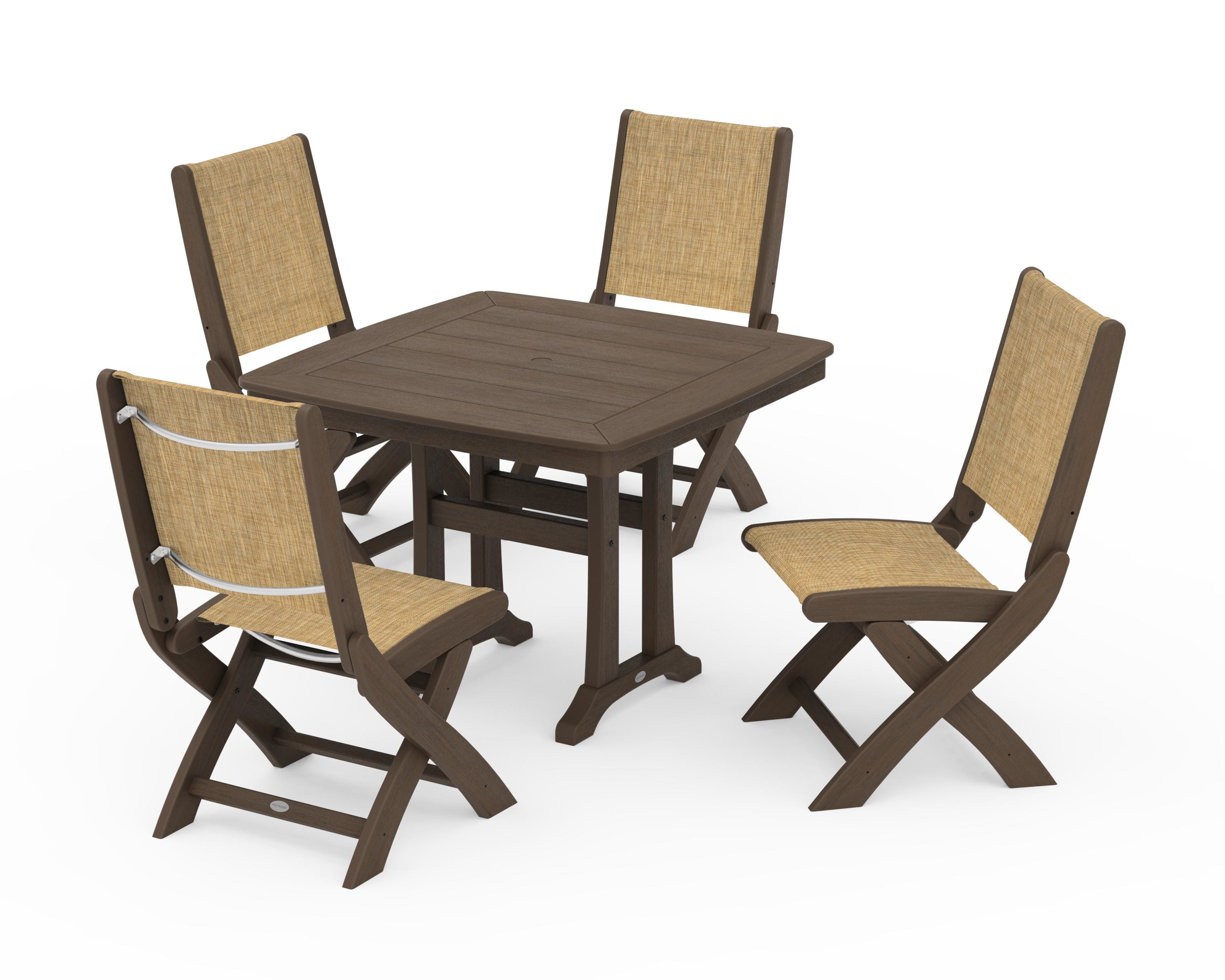 POLYWOOD Coastal Folding Side Chair 5-Piece Dining Set with Trestle Legs in Kona / Burlap Sling