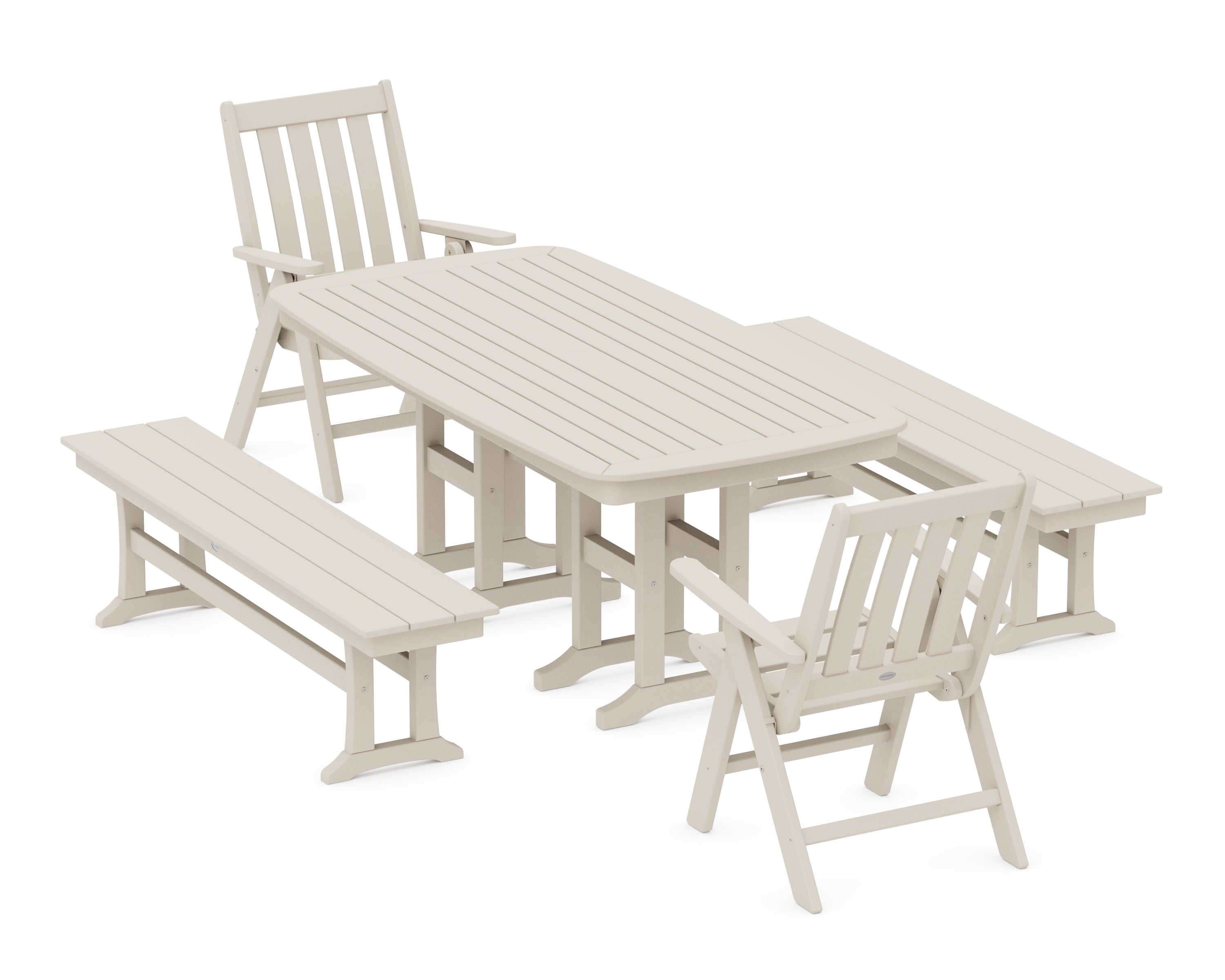 POLYWOOD Vineyard Folding Chair 6-Piece Dining Set with Benches in Sand