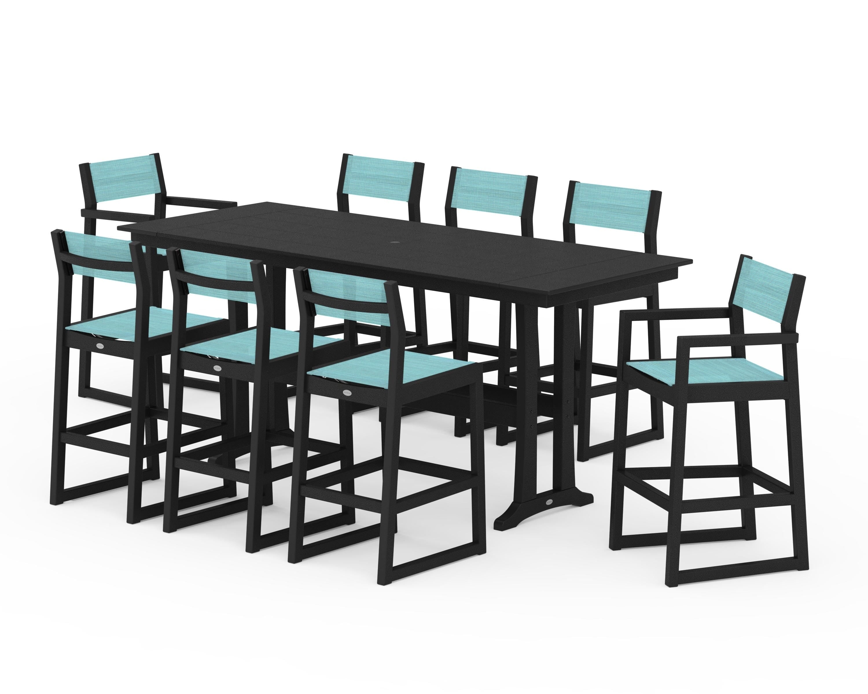 POLYWOOD EDGE Sling 9-Piece Farmhouse Bar Set with Trestle Legs in Black / Dupioni Aquamarine Sling