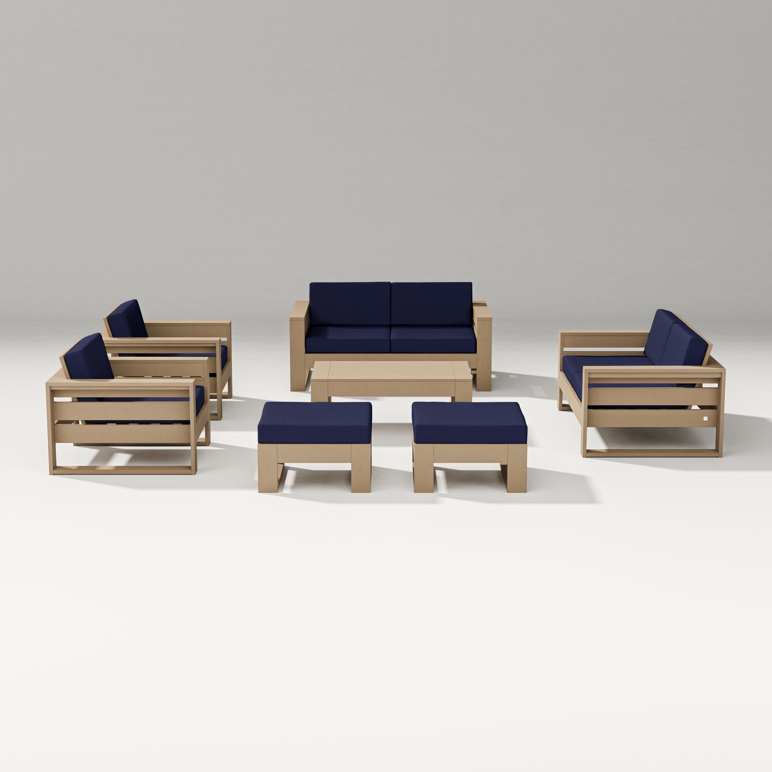 PW Designer Series Latitude 7-Piece Lounge Loveseat Set in Vintage Sahara / Navy