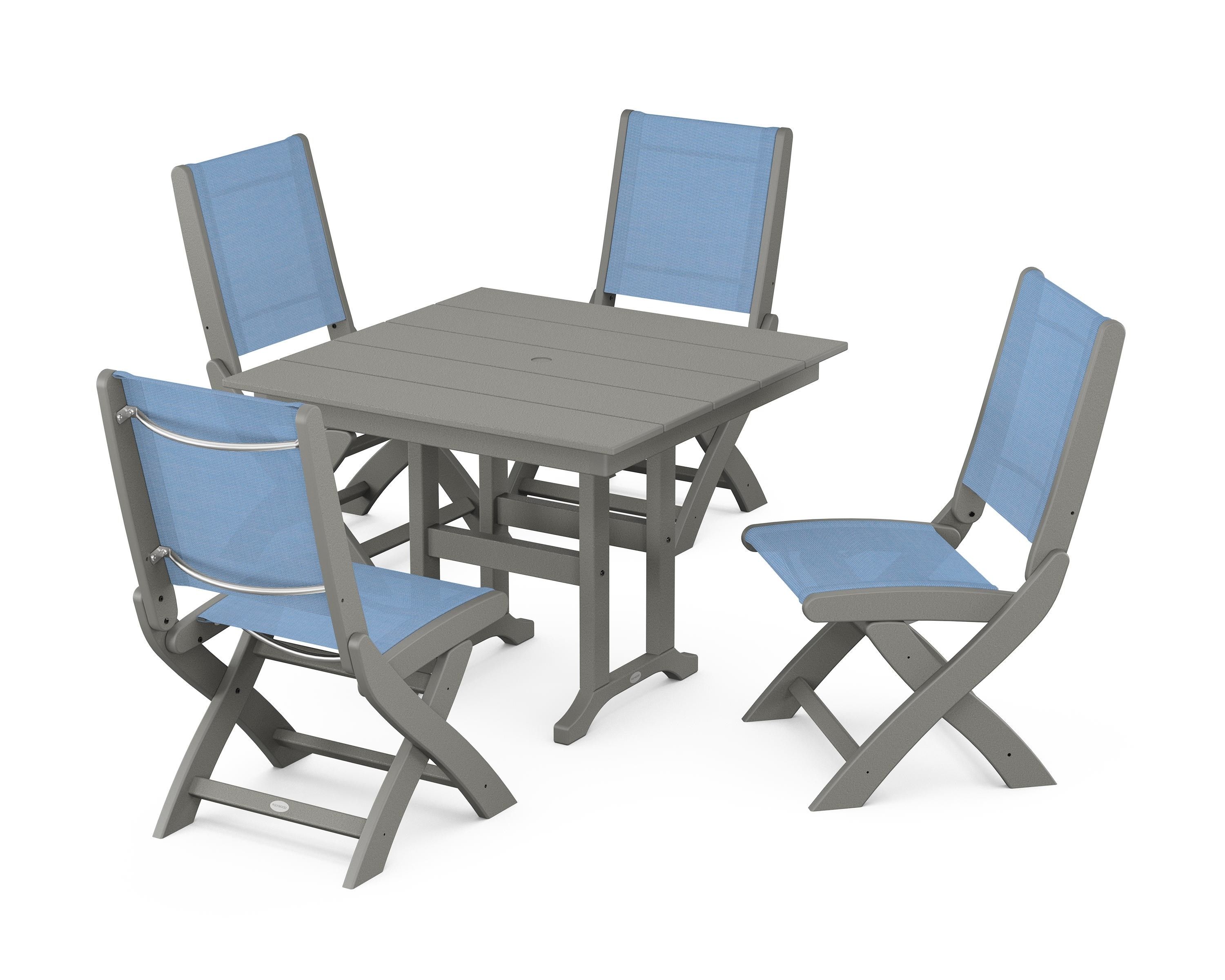 POLYWOOD Coastal Folding Side Chair 5-Piece Farmhouse Dining Set in Slate Grey / Poolside Sling