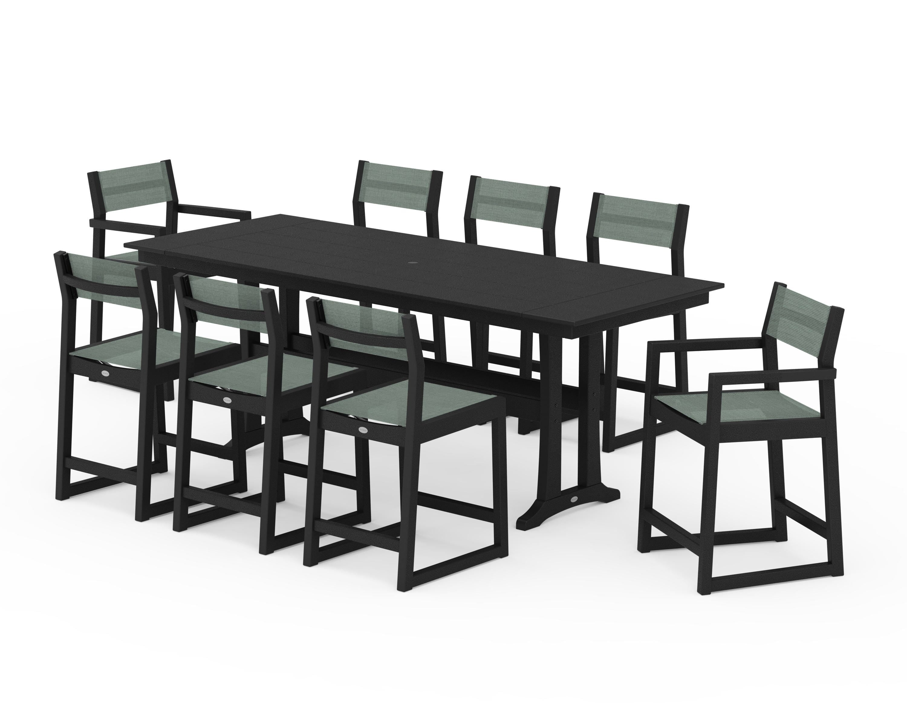 POLYWOOD EDGE Sling 9-Piece Farmhouse Counter Set with Trestle Legs in Black / Dupioni Sea Mist Sling