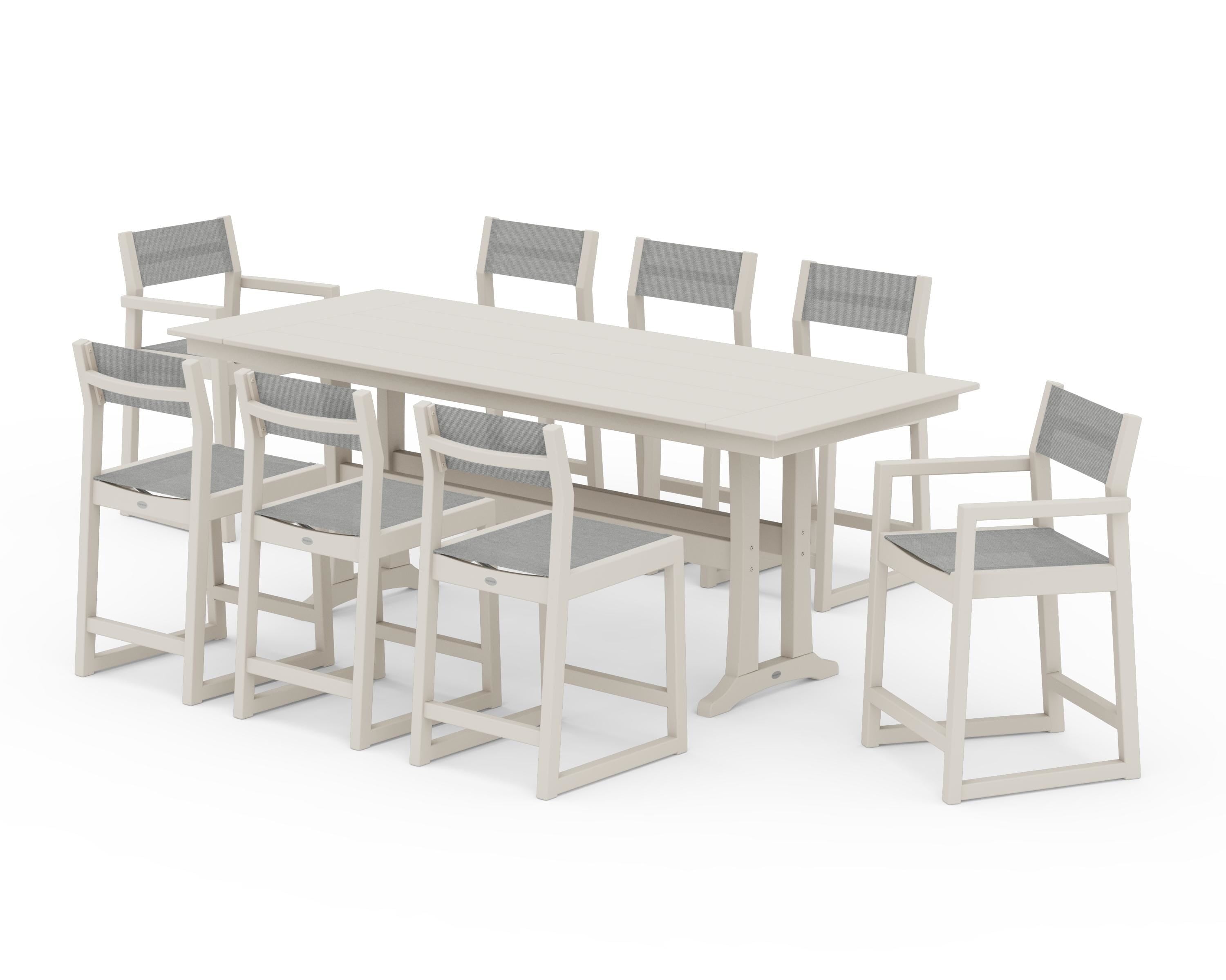 POLYWOOD EDGE Sling 9-Piece Farmhouse Counter Set with Trestle Legs in Sand / Metallic Sling