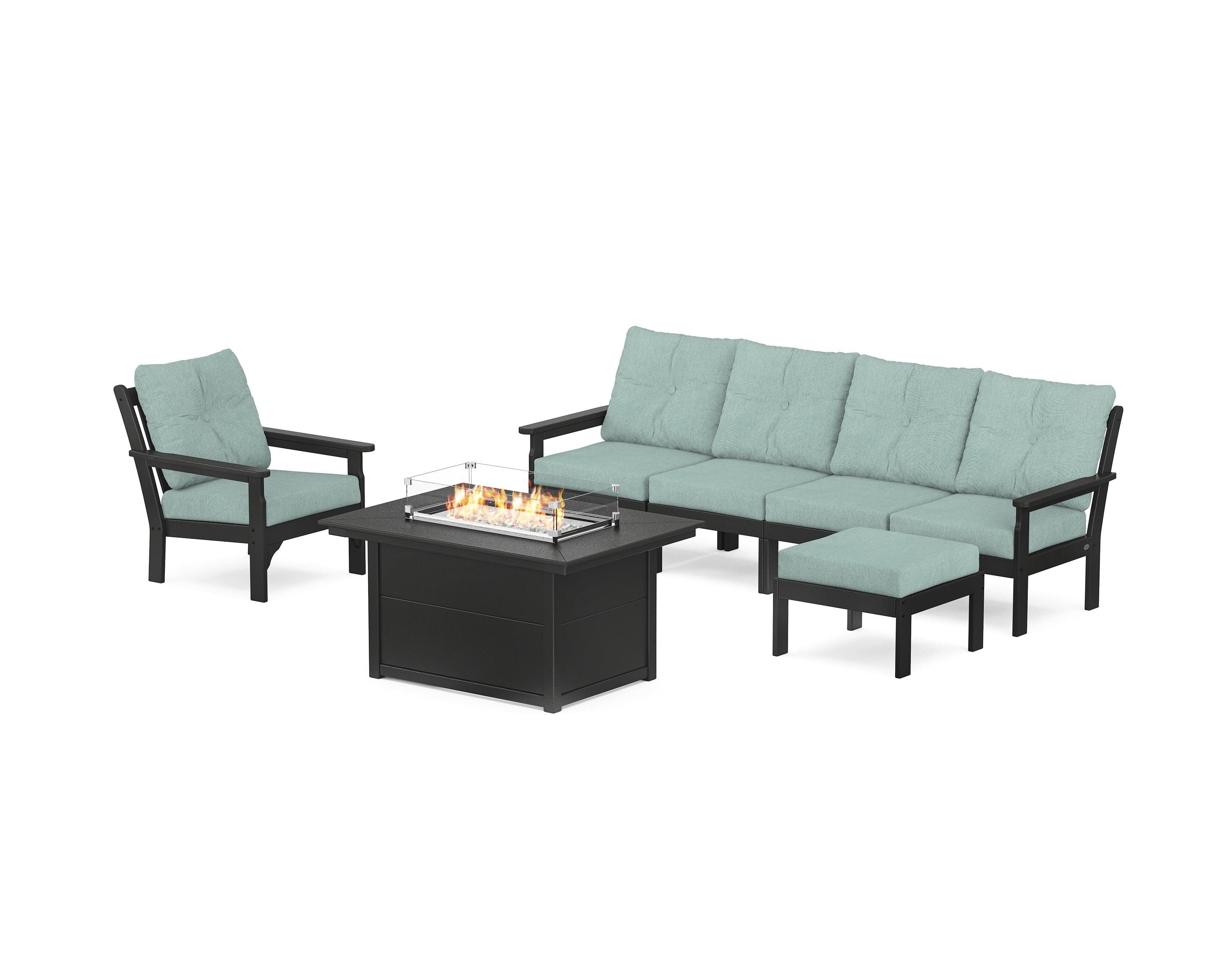 POLYWOOD Vineyard Sectional Lounge and Fire Pit Set in Black / Glacier Spa