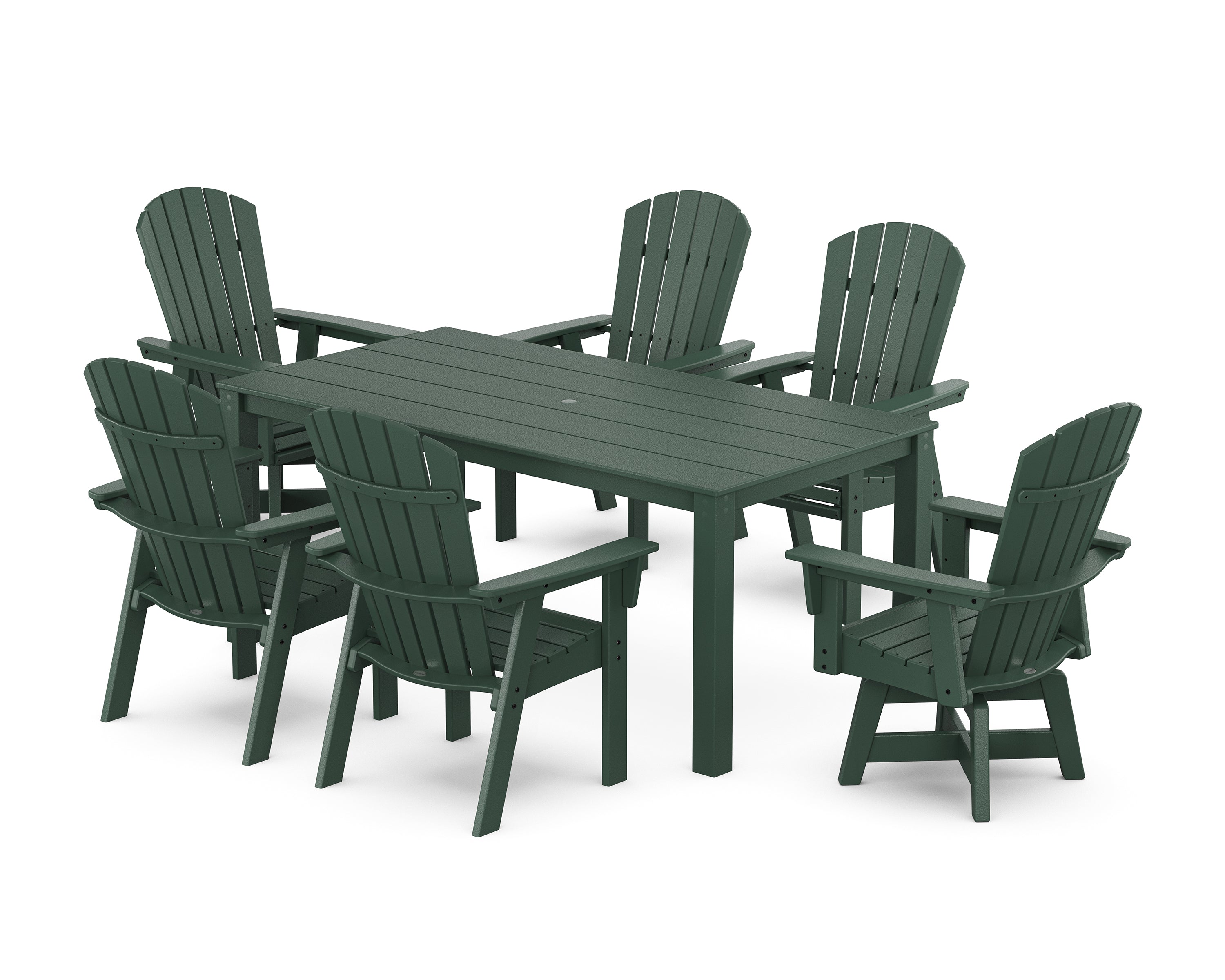 POLYWOOD® Nautical Curveback Adirondack Swivel 7-Piece Parsons Dining Set in Green