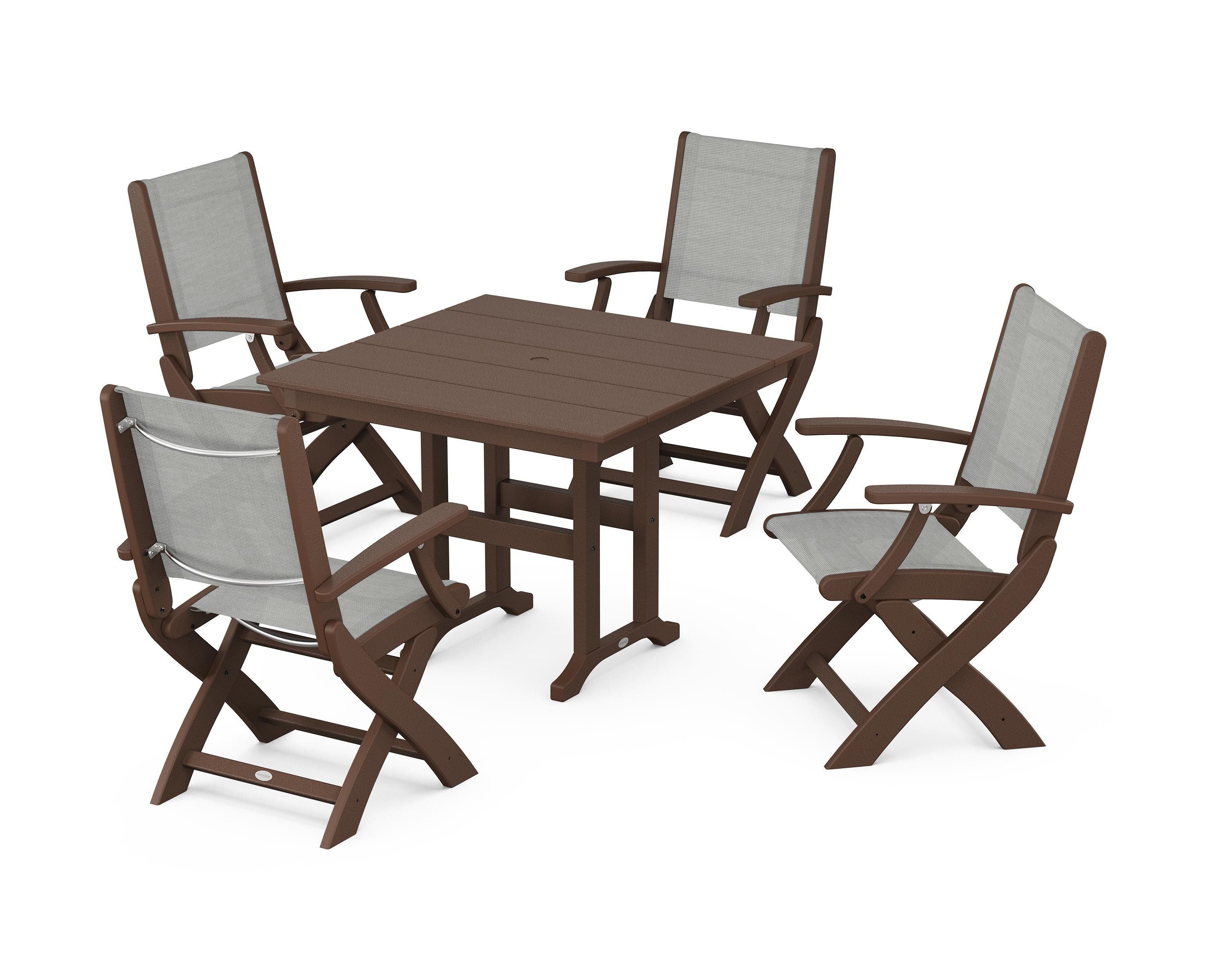 POLYWOOD Coastal Folding Chair 5-Piece Farmhouse Dining Set in Mahogany / Metallic Sling
