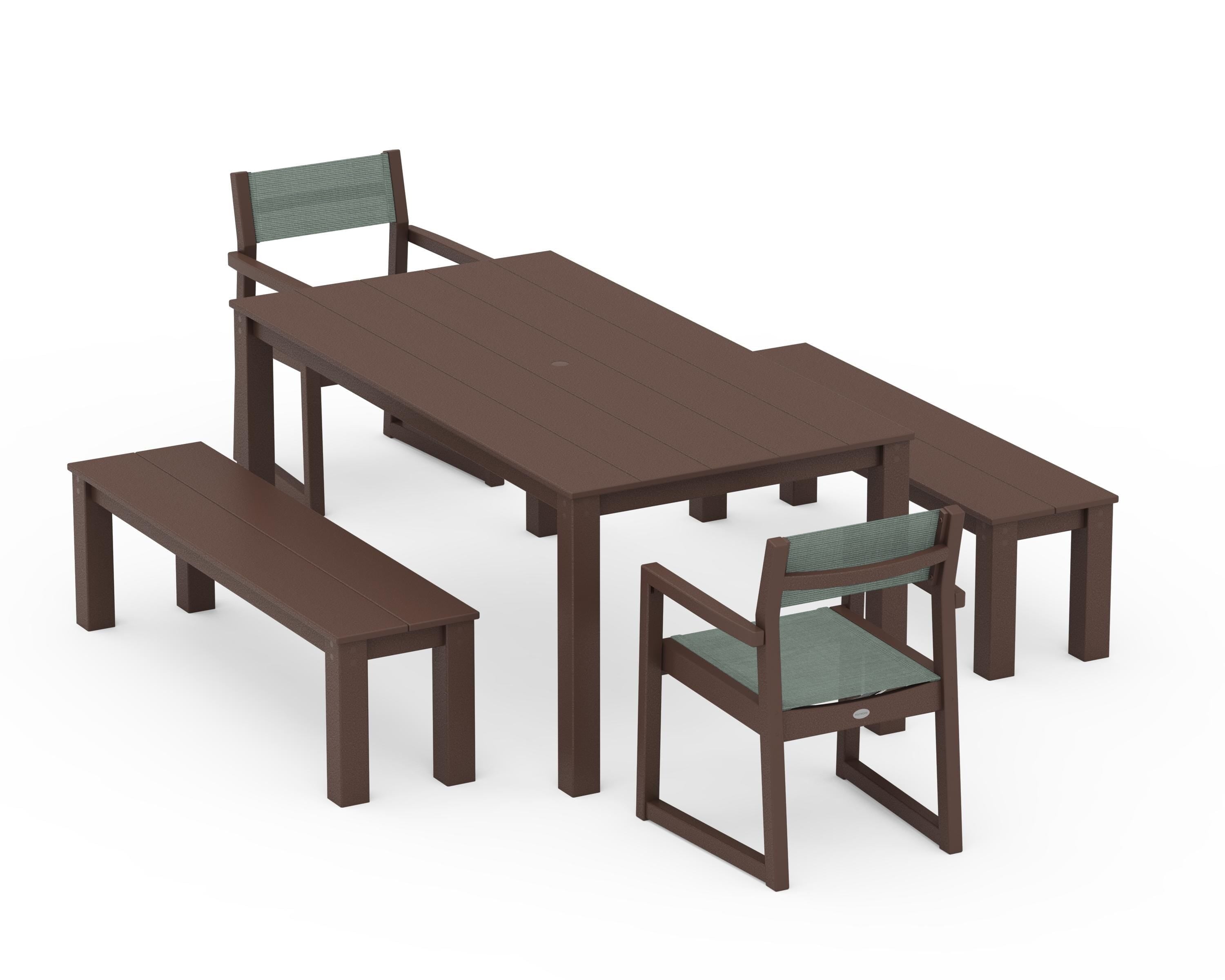 POLYWOOD EDGE Sling Arm Chair 5-Piece Parsons Dining Set with Benches in Mahogany / Dupioni Sea Mist Sling