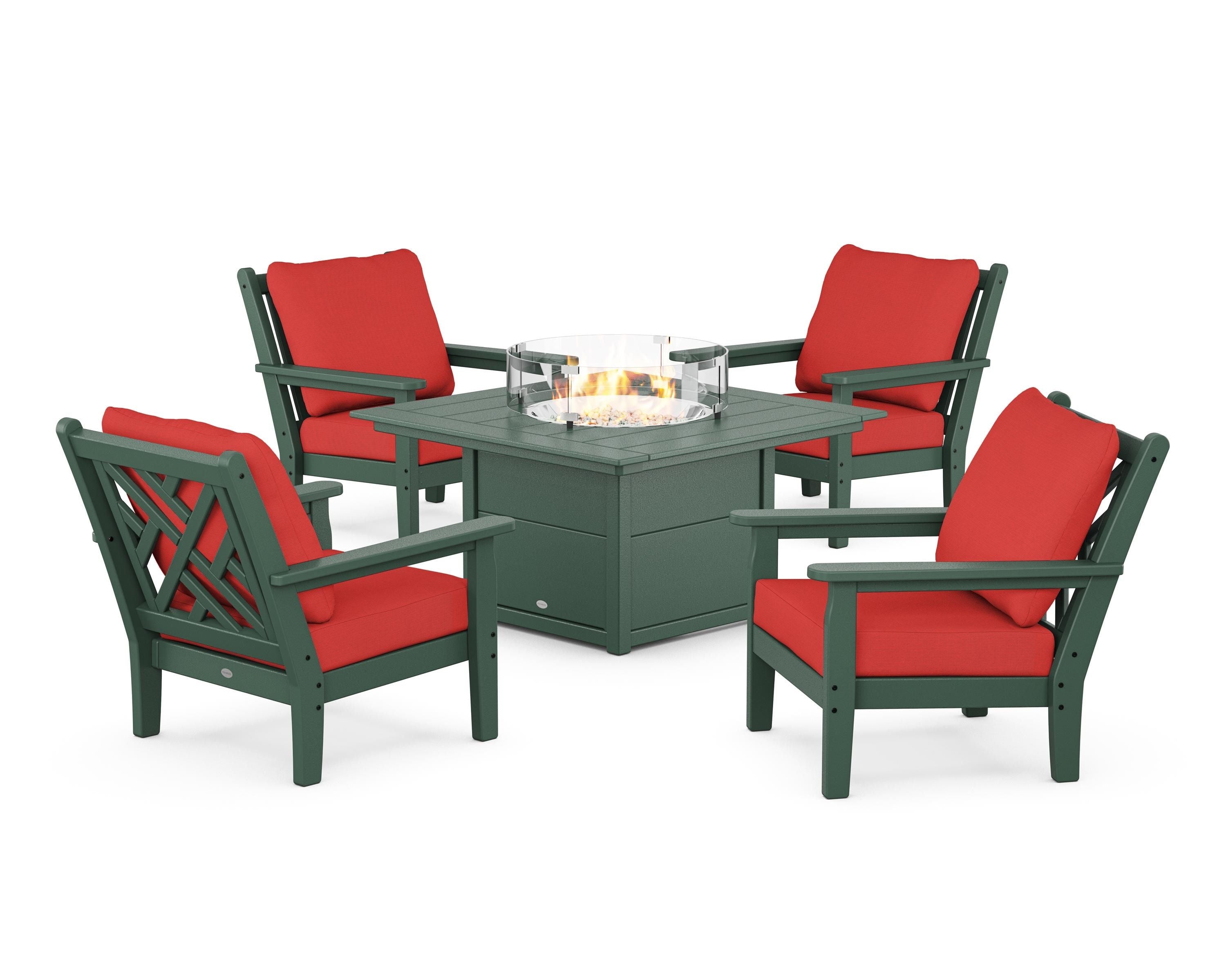 POLYWOOD Chippendale 5-Piece Deep Seating Set with Fire Pit Table in Green / Crimson Linen