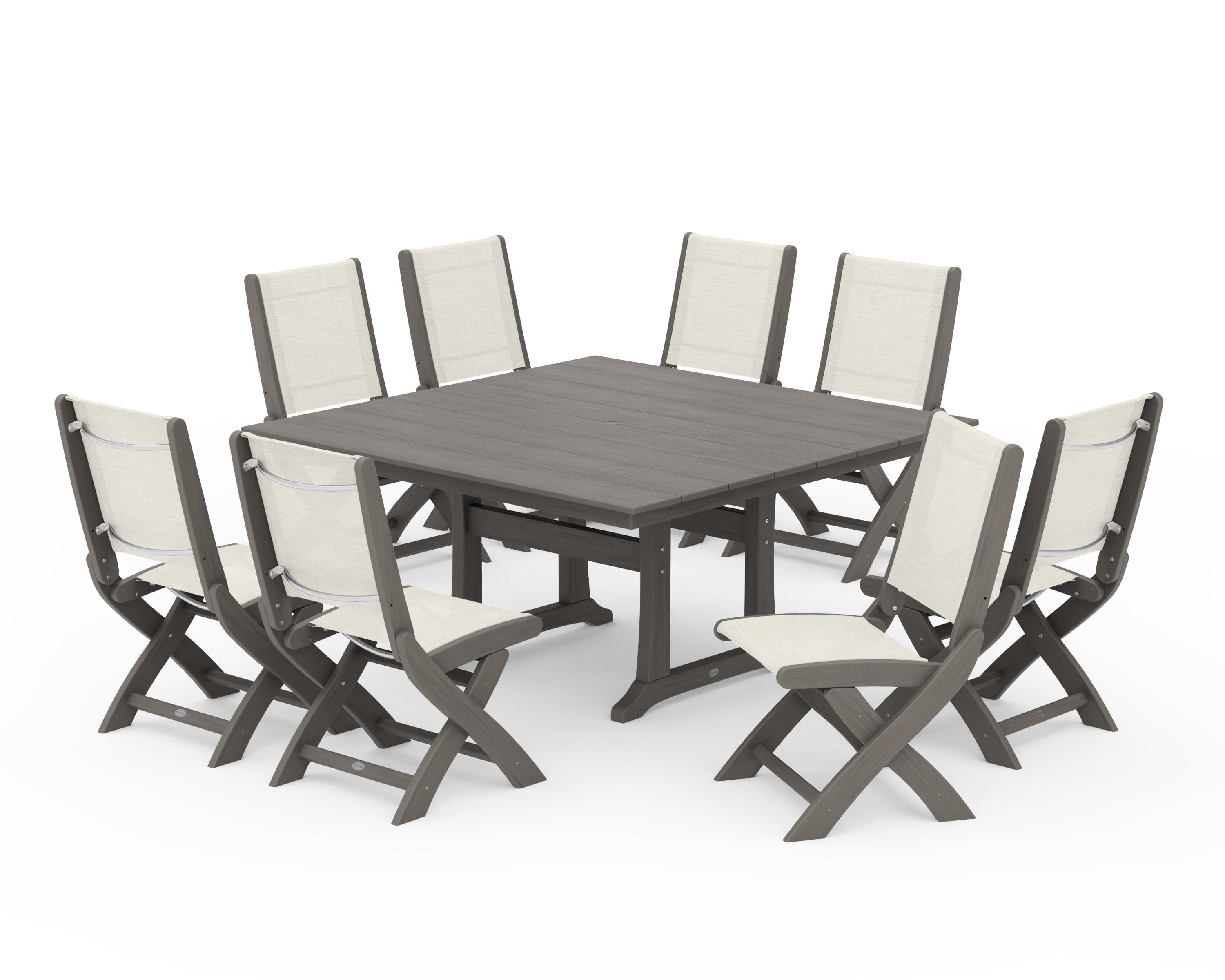 POLYWOOD Coastal Folding Side Chair 9-Piece Farmhouse Dining Set in Driftwood / Parchment Sling