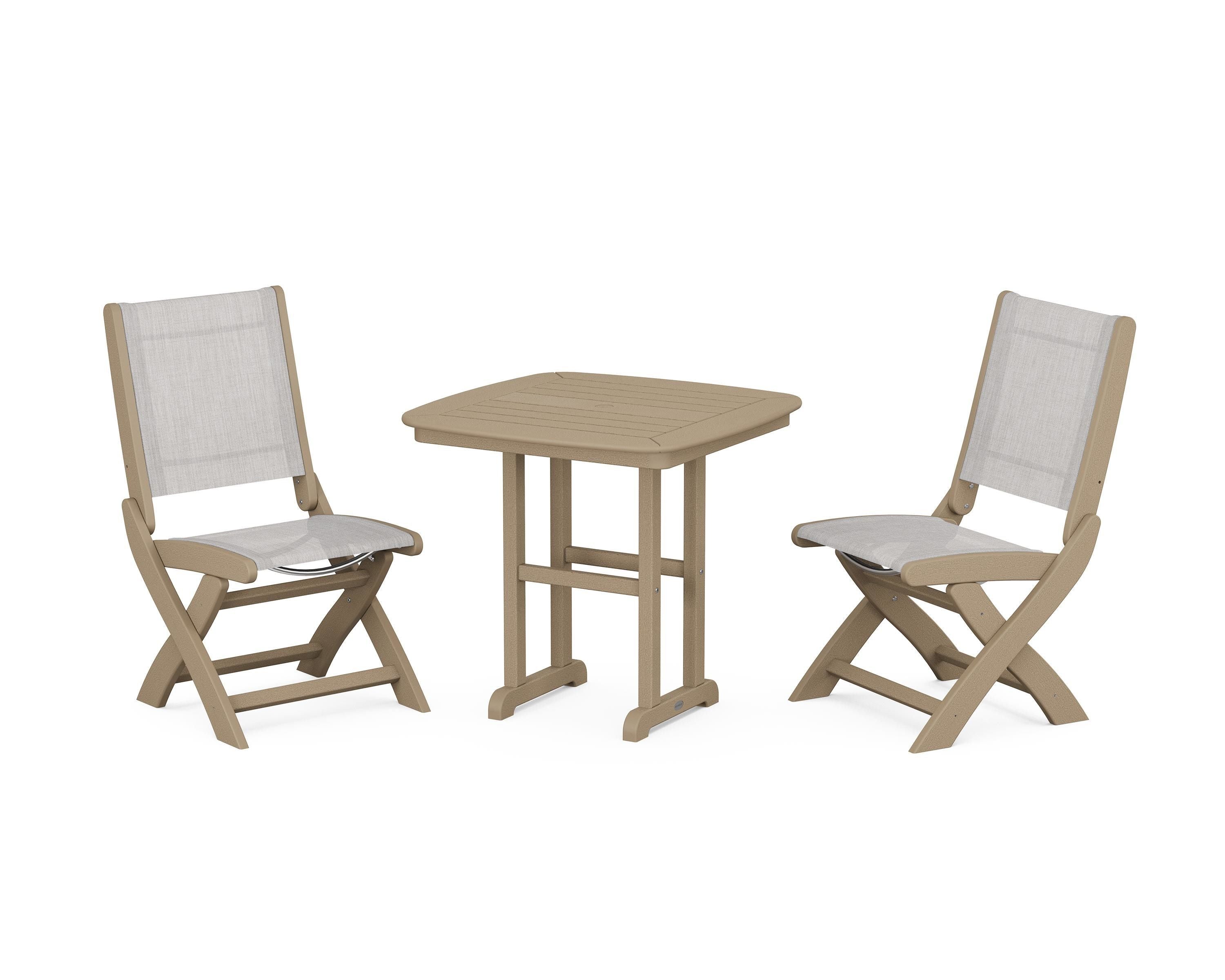 POLYWOOD Coastal Folding Side Chair 3-Piece Dining Set in Vintage Sahara / Parchment Sling