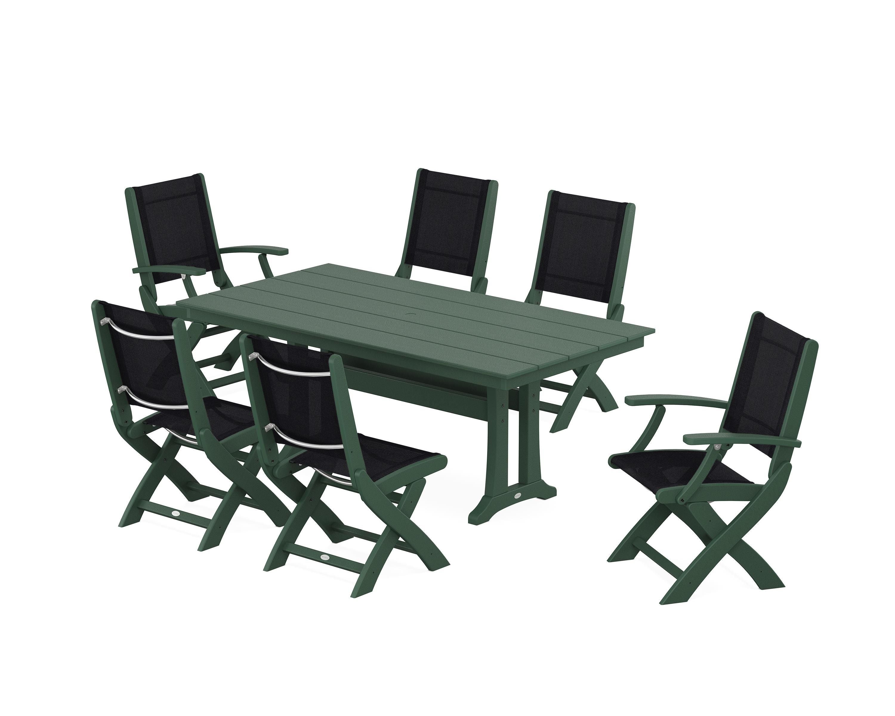 POLYWOOD Coastal Folding Chair 7-Piece Farmhouse Dining Set with Trestle Legs in Green / Black Sling